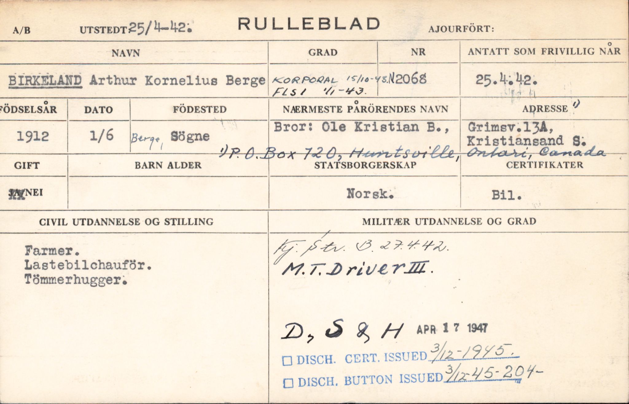 Forsvaret, Forsvarets overkommando/Luftforsvarsstaben, RA/RAFA-4079/P/Pa/L0029: Personellpapirer, 1912, p. 158