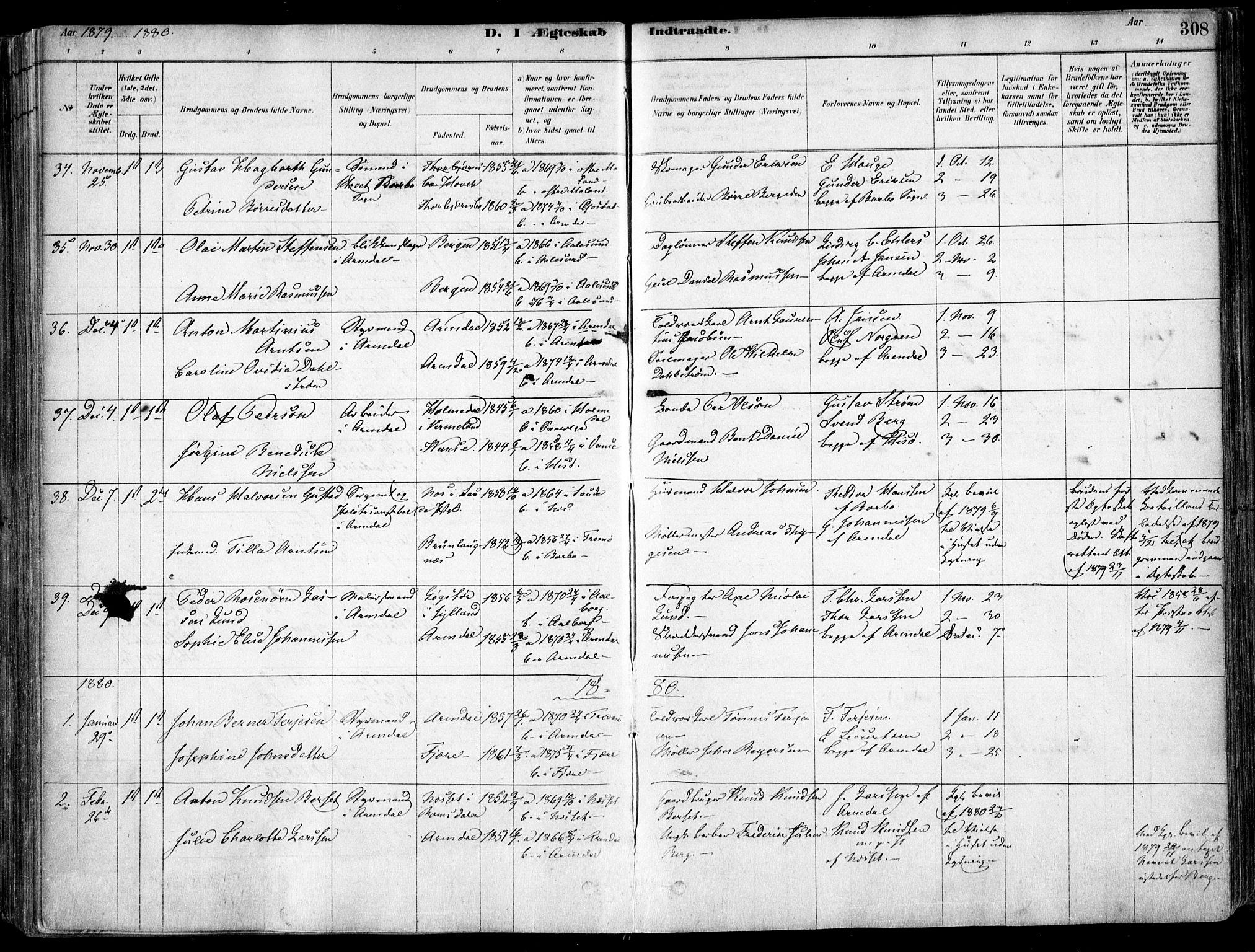 Arendal sokneprestkontor, Trefoldighet, SAK/1111-0040/F/Fa/L0008: Parish register (official) no. A 8, 1878-1899, p. 308