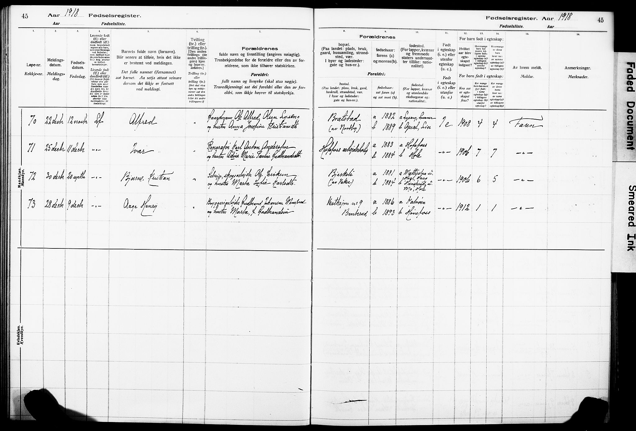 Norderhov kirkebøker, AV/SAKO-A-237/J/Ja/L0001: Birth register no. 1, 1916-1930, p. 45