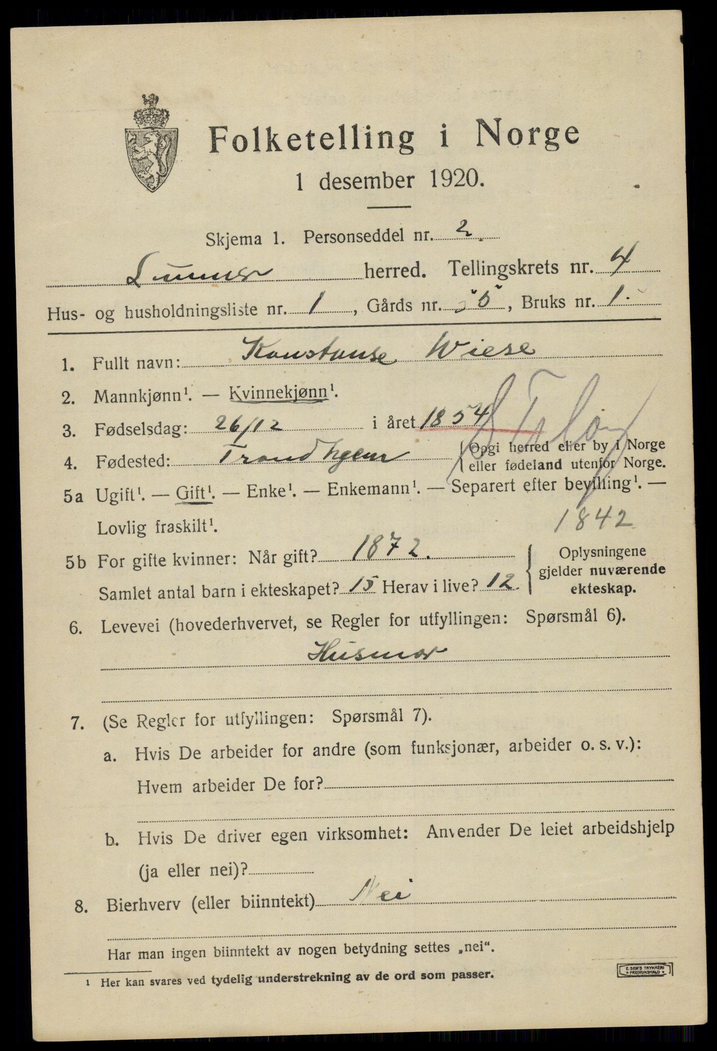 SAH, 1920 census for Lunner, 1920, p. 5365