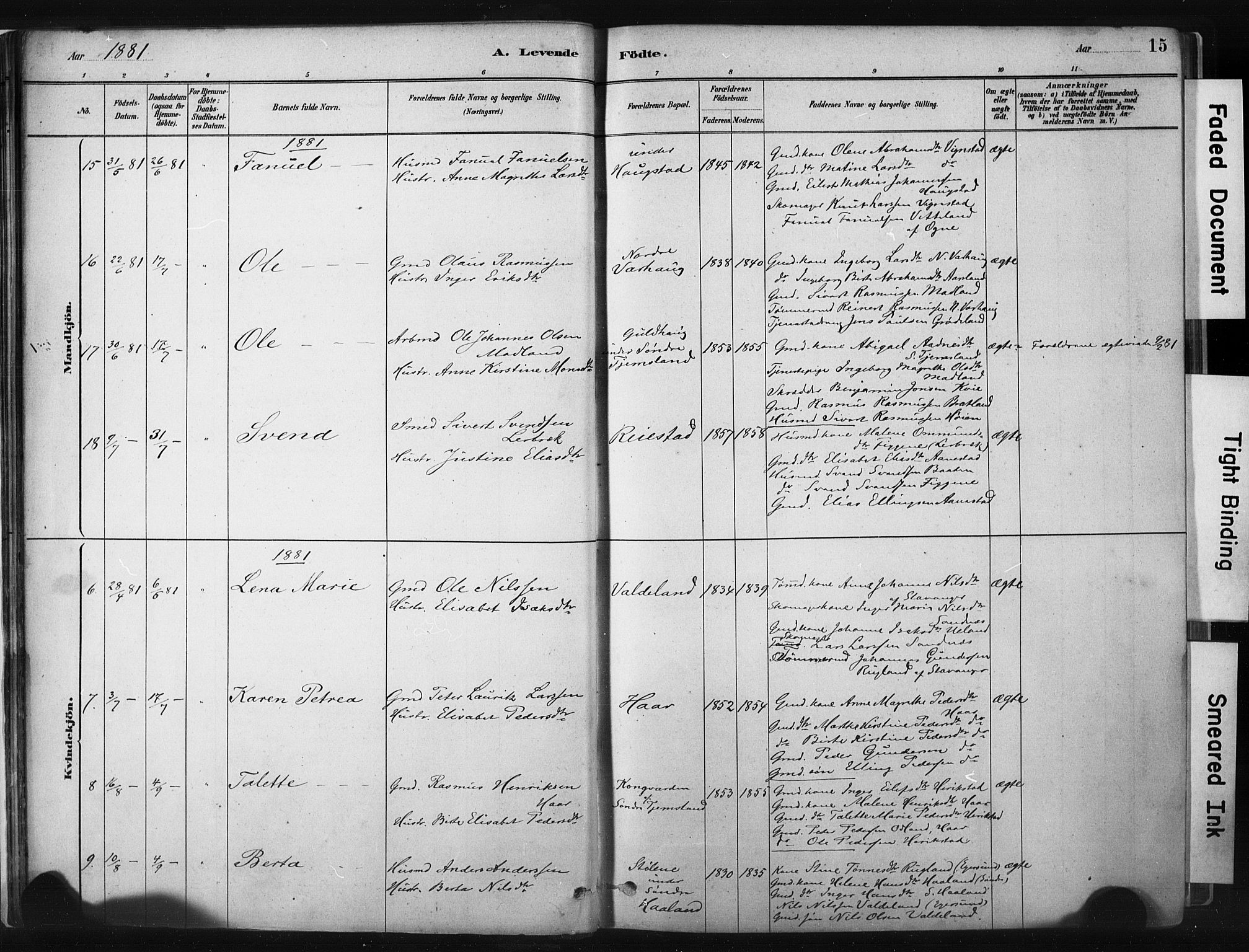 Hå sokneprestkontor, AV/SAST-A-101801/001/30BA/L0011: Parish register (official) no. A 10, 1879-1900, p. 15