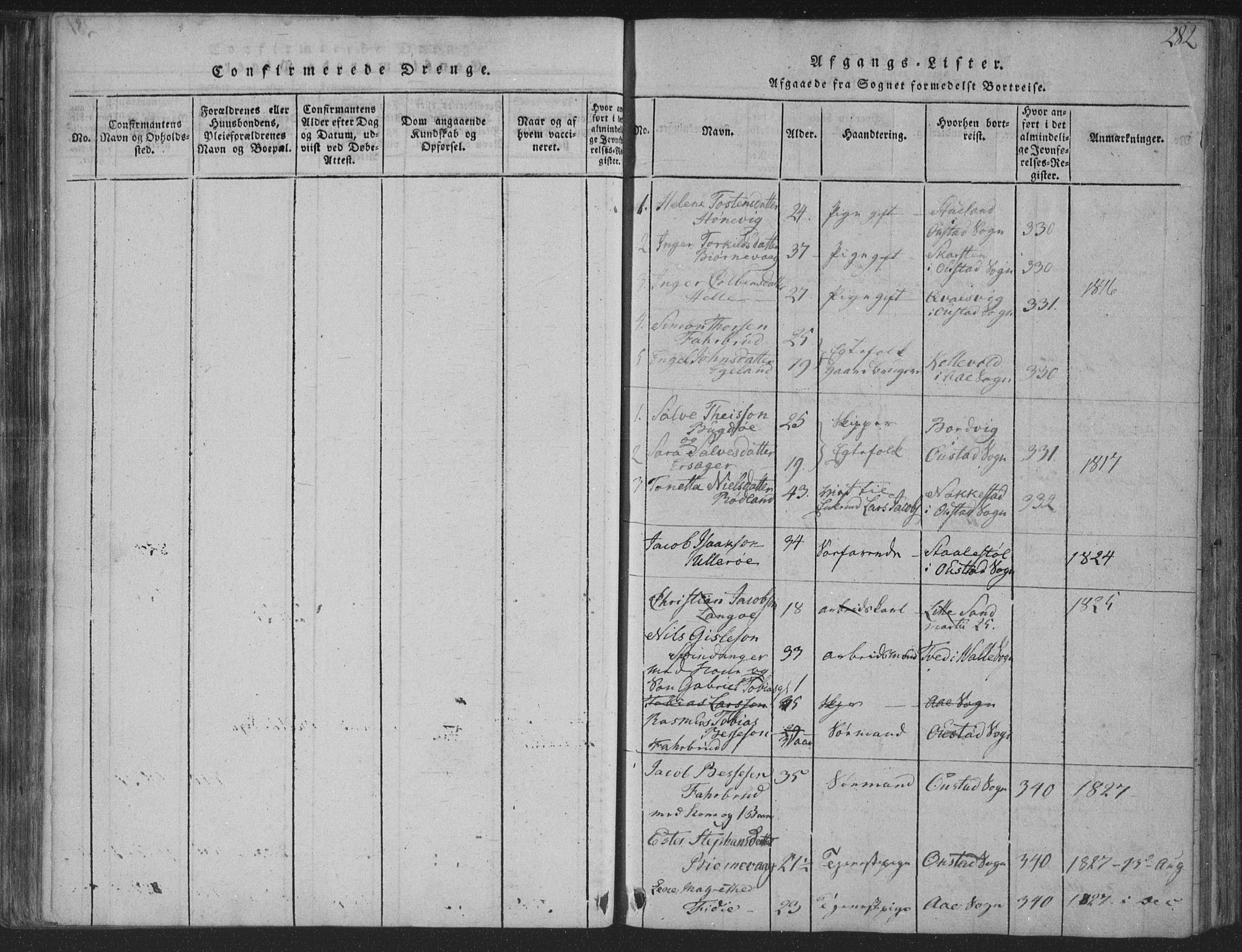 Herad sokneprestkontor, SAK/1111-0018/F/Fa/Fab/L0002: Parish register (official) no. A 2, 1816-1844, p. 282