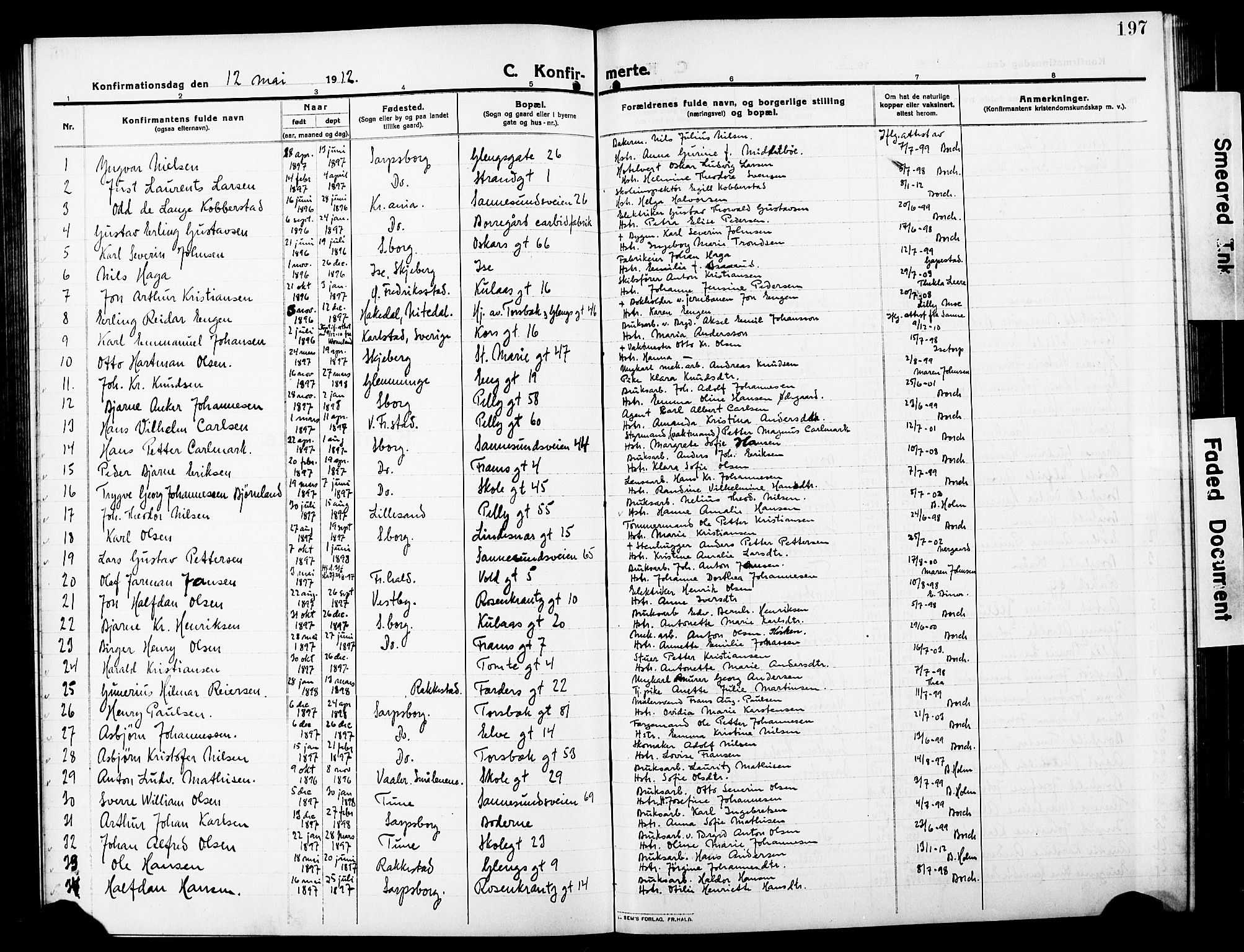 Sarpsborg prestekontor Kirkebøker, AV/SAO-A-2006/G/Ga/L0002: Parish register (copy) no. 2, 1912-1931, p. 197