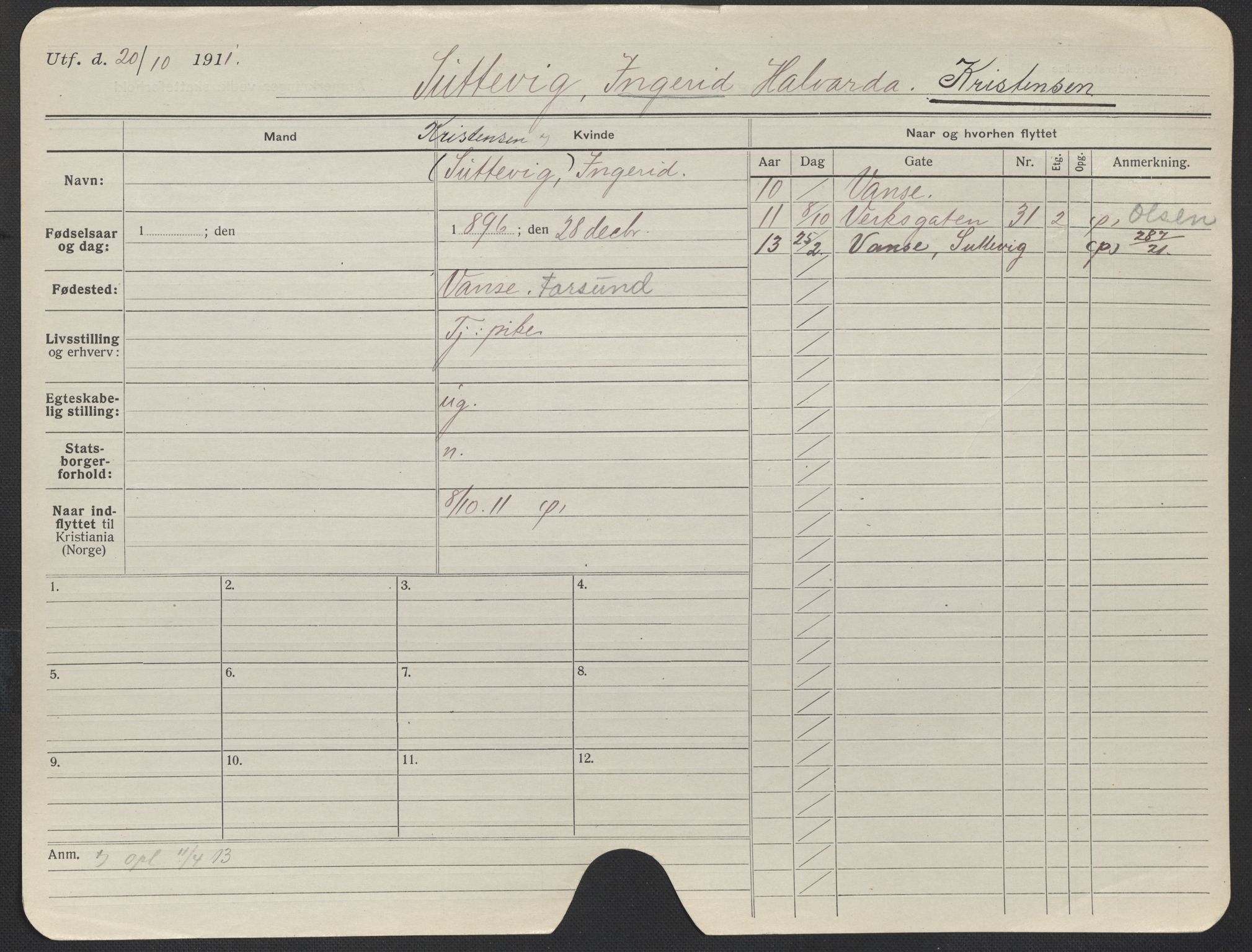 Oslo folkeregister, Registerkort, AV/SAO-A-11715/F/Fa/Fac/L0019: Kvinner, 1906-1914, p. 143a