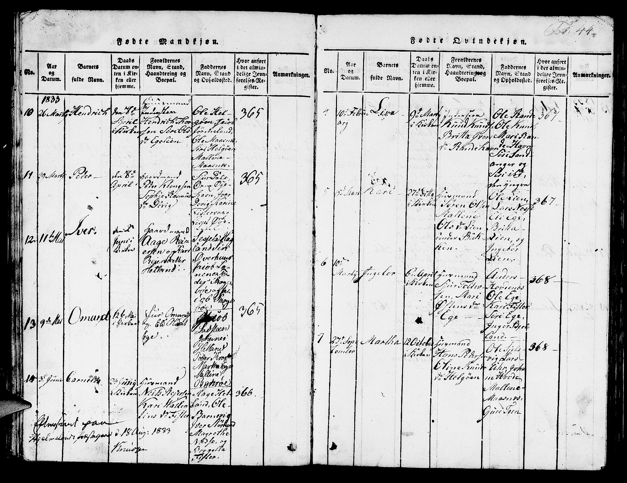 Hjelmeland sokneprestkontor, AV/SAST-A-101843/01/V/L0003: Parish register (copy) no. B 3, 1816-1841, p. 44