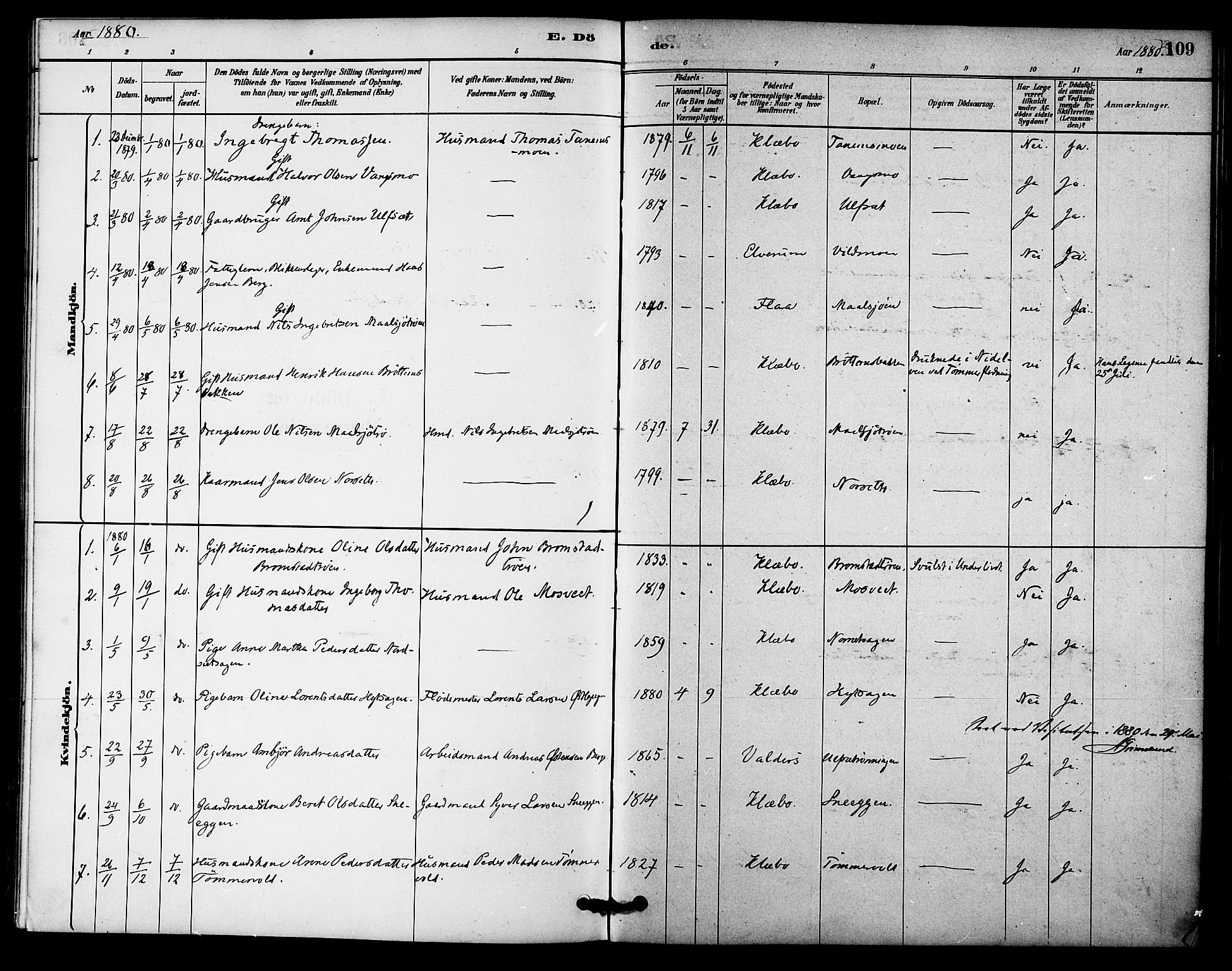 Ministerialprotokoller, klokkerbøker og fødselsregistre - Sør-Trøndelag, SAT/A-1456/618/L0444: Parish register (official) no. 618A07, 1880-1898, p. 109