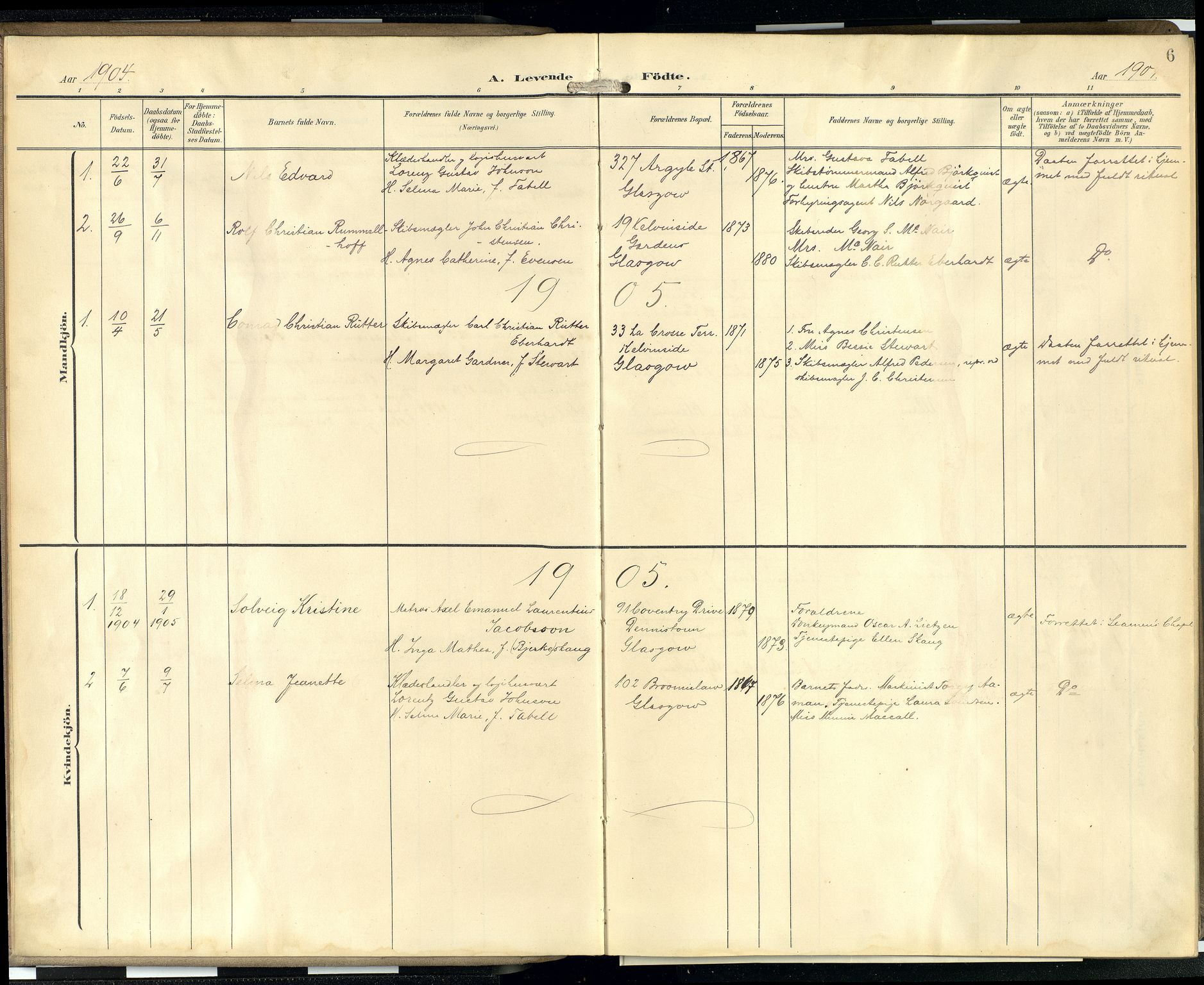 Den norske sjømannsmisjon i utlandet/Skotske havner (Leith, Glasgow), SAB/SAB/PA-0100/H/Ha/Hab/L0001: Parish register (official) no. A 1, 1902-1931, p. 5b-6a