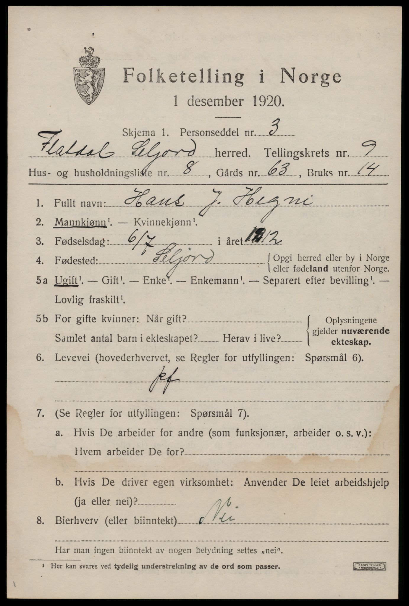 SAKO, 1920 census for Seljord, 1920, p. 4284
