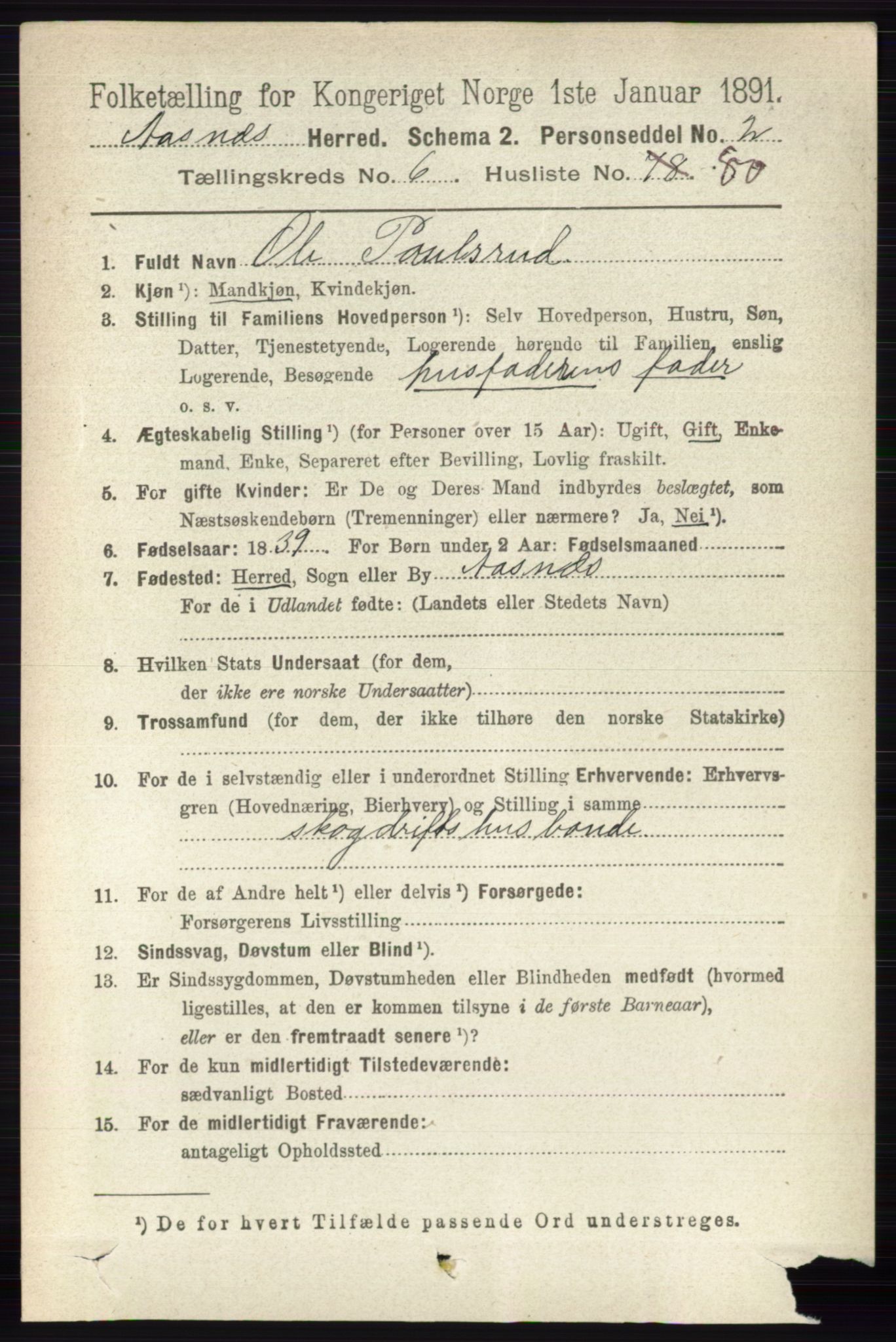 RA, 1891 census for 0425 Åsnes, 1891, p. 3231