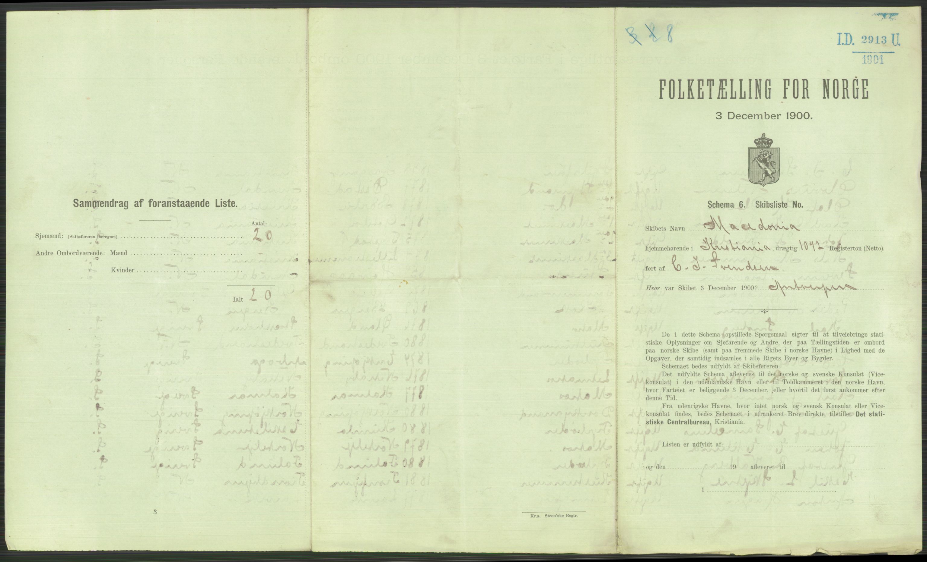 RA, 1900 Census - ship lists from ships in Norwegian harbours, harbours abroad and at sea, 1900, p. 4565