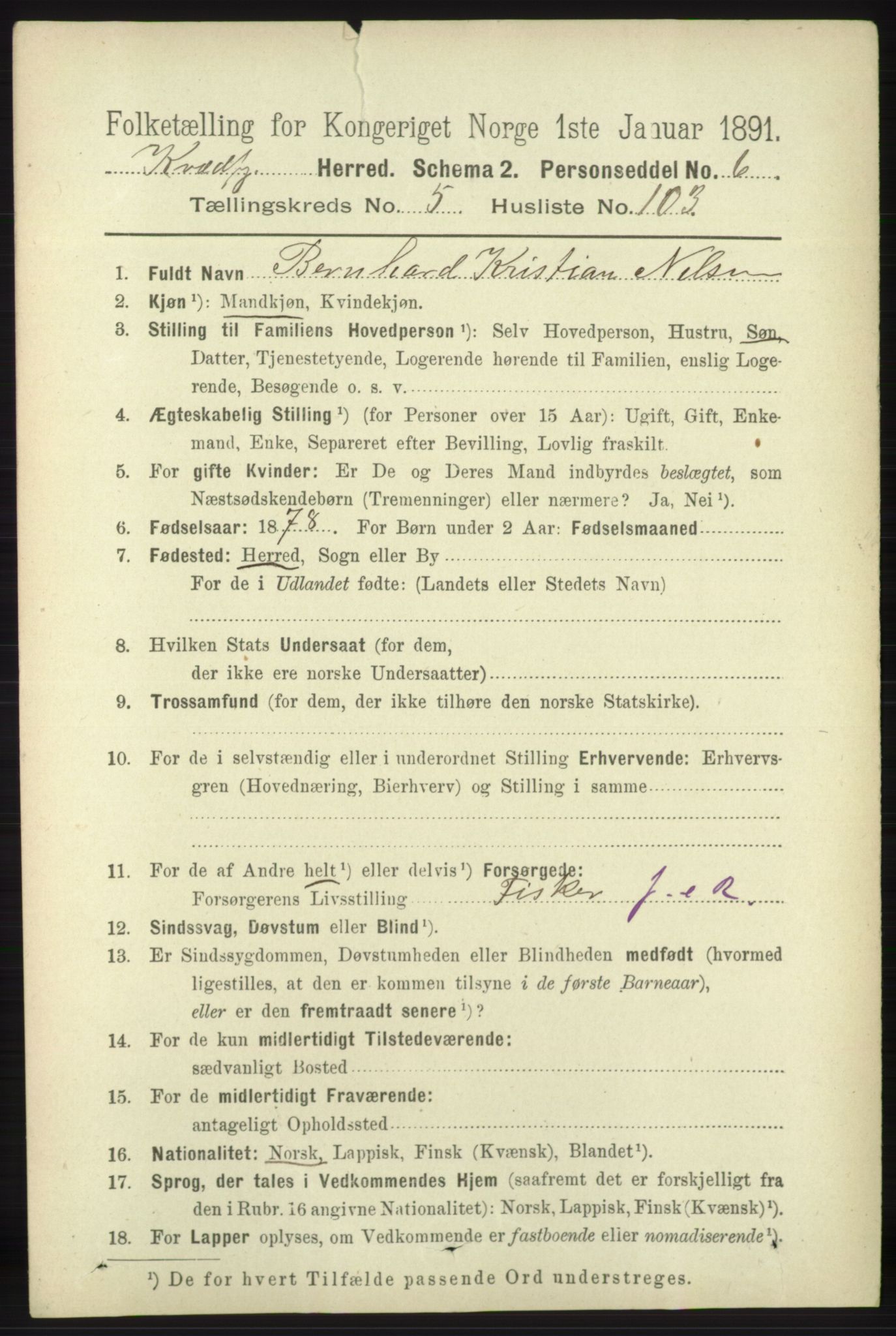 RA, 1891 census for 1911 Kvæfjord, 1891, p. 3493