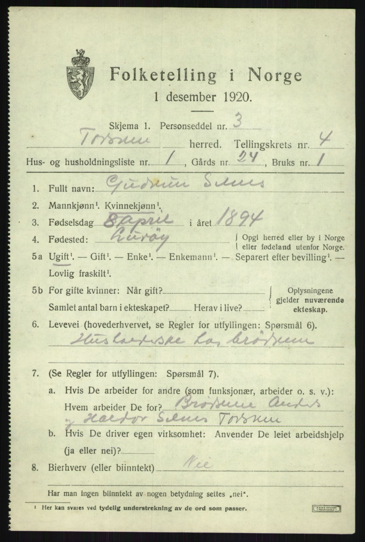 SATØ, 1920 census for Torsken, 1920, p. 1619