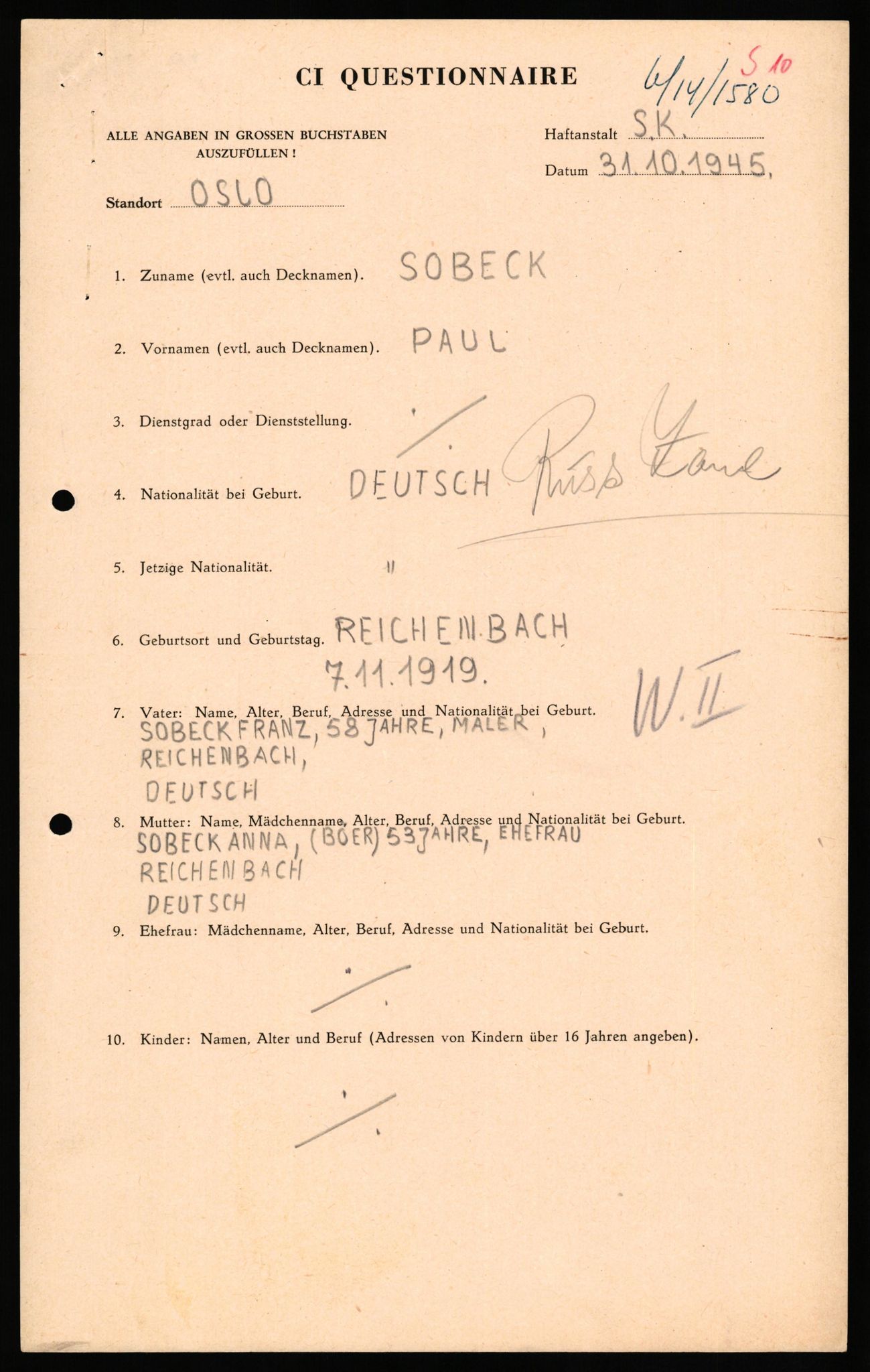 Forsvaret, Forsvarets overkommando II, AV/RA-RAFA-3915/D/Db/L0032: CI Questionaires. Tyske okkupasjonsstyrker i Norge. Tyskere., 1945-1946, p. 149