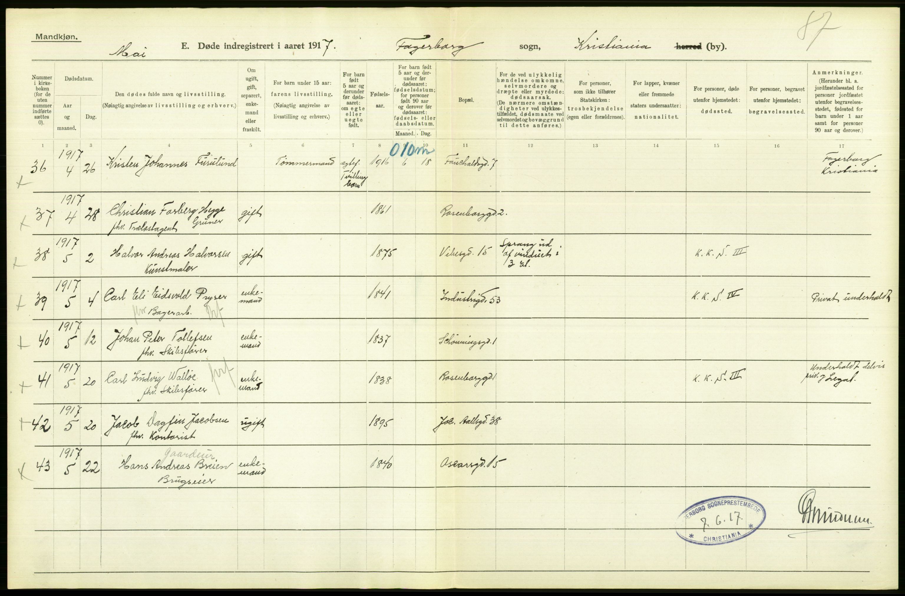 Statistisk sentralbyrå, Sosiodemografiske emner, Befolkning, AV/RA-S-2228/D/Df/Dfb/Dfbg/L0010: Kristiania: Døde, 1917, p. 416