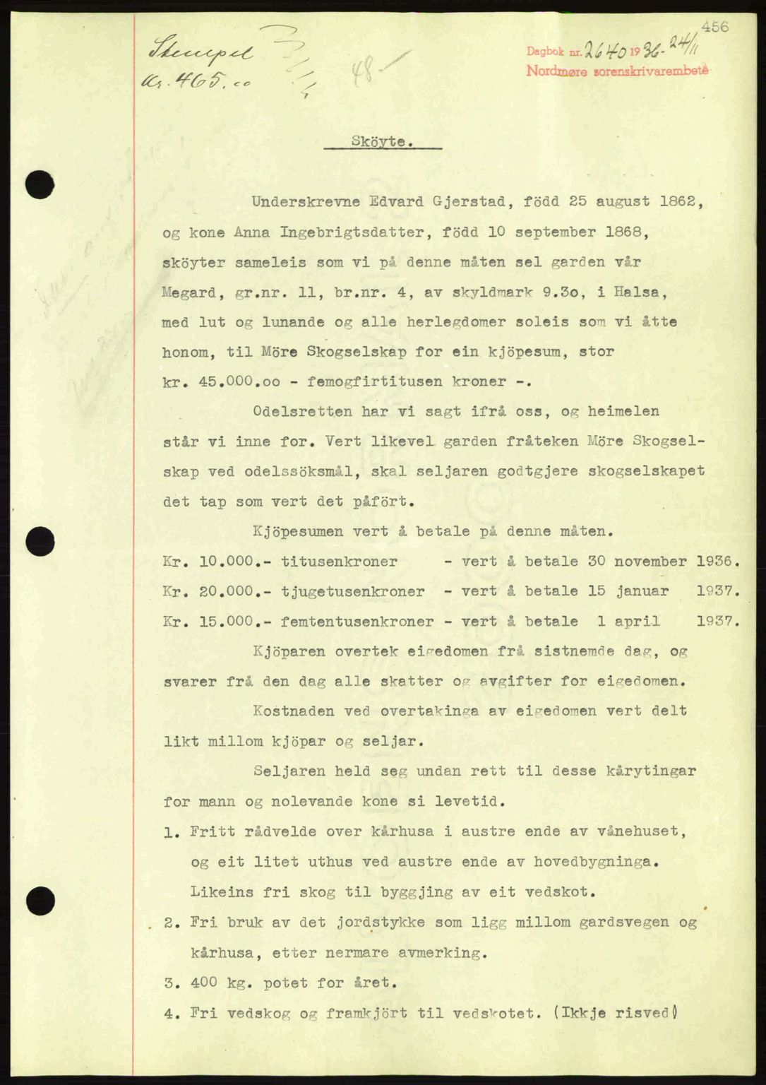 Nordmøre sorenskriveri, AV/SAT-A-4132/1/2/2Ca: Mortgage book no. A80, 1936-1937, Diary no: : 2640/1936