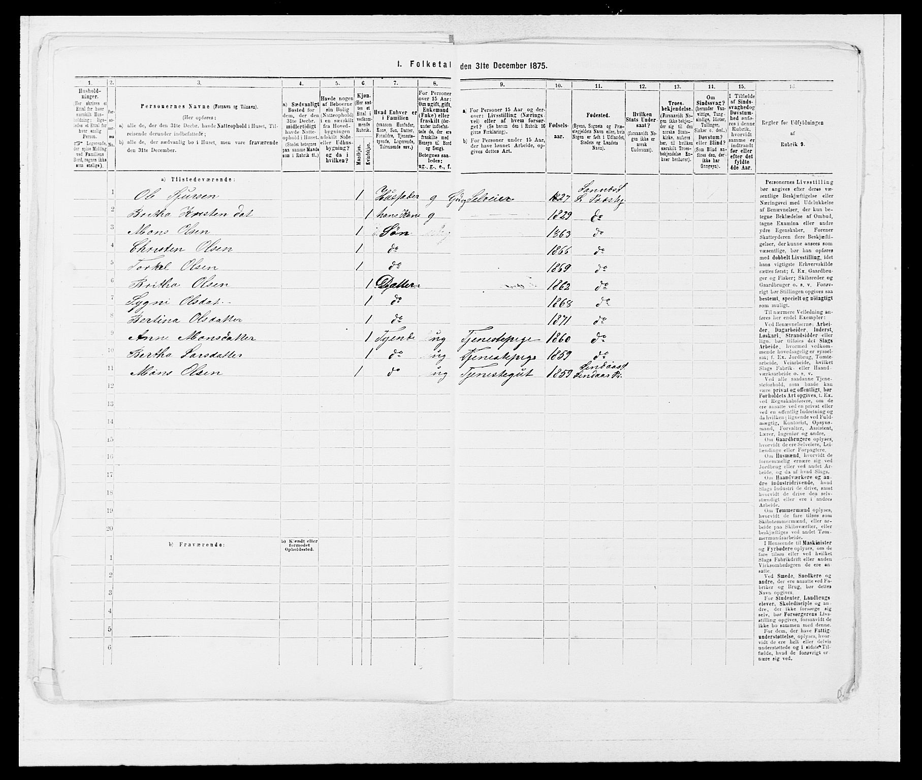 SAB, 1875 census for 1263P Lindås, 1875, p. 381