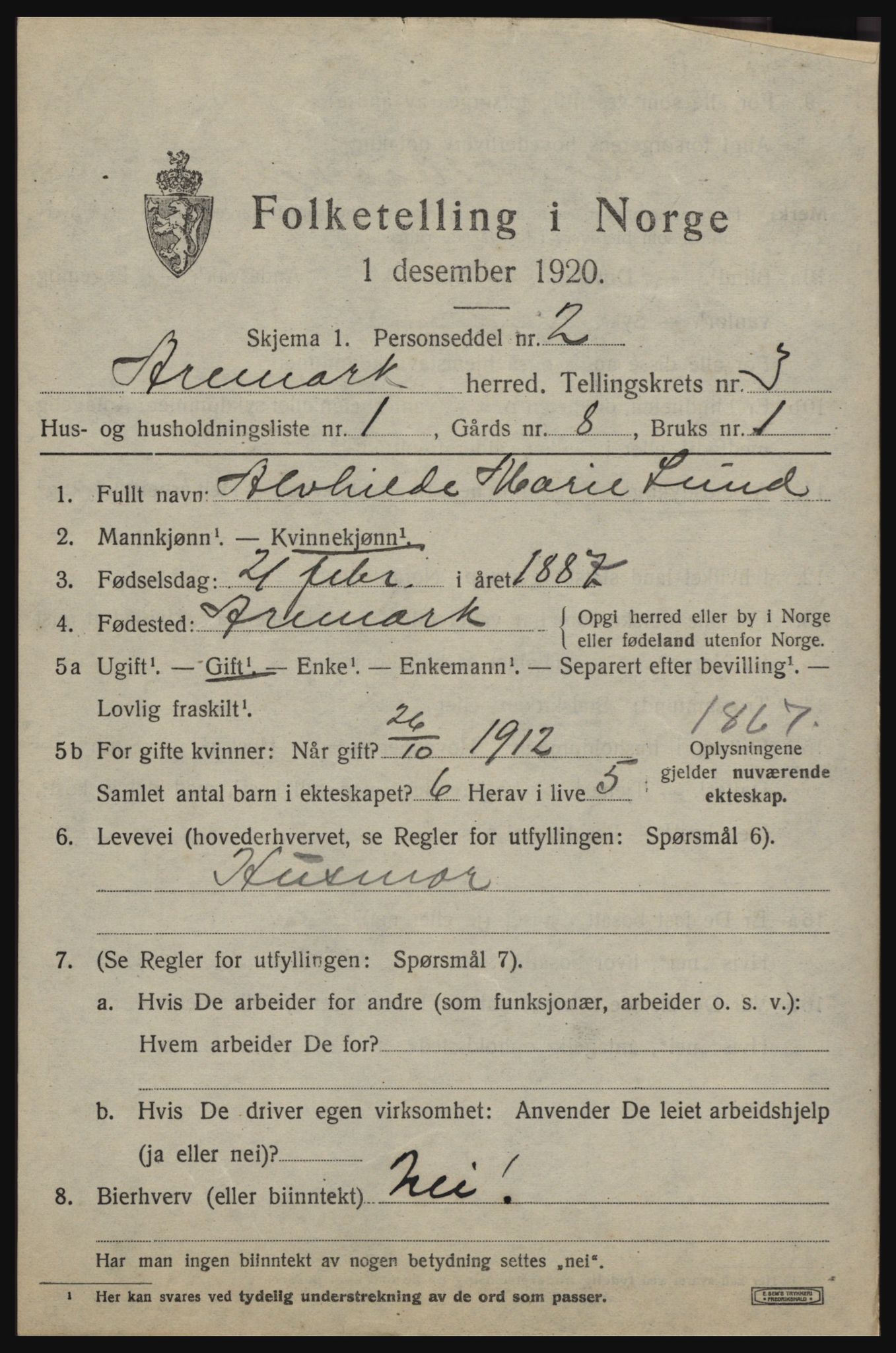 SAO, 1920 census for Aremark, 1920, p. 2129