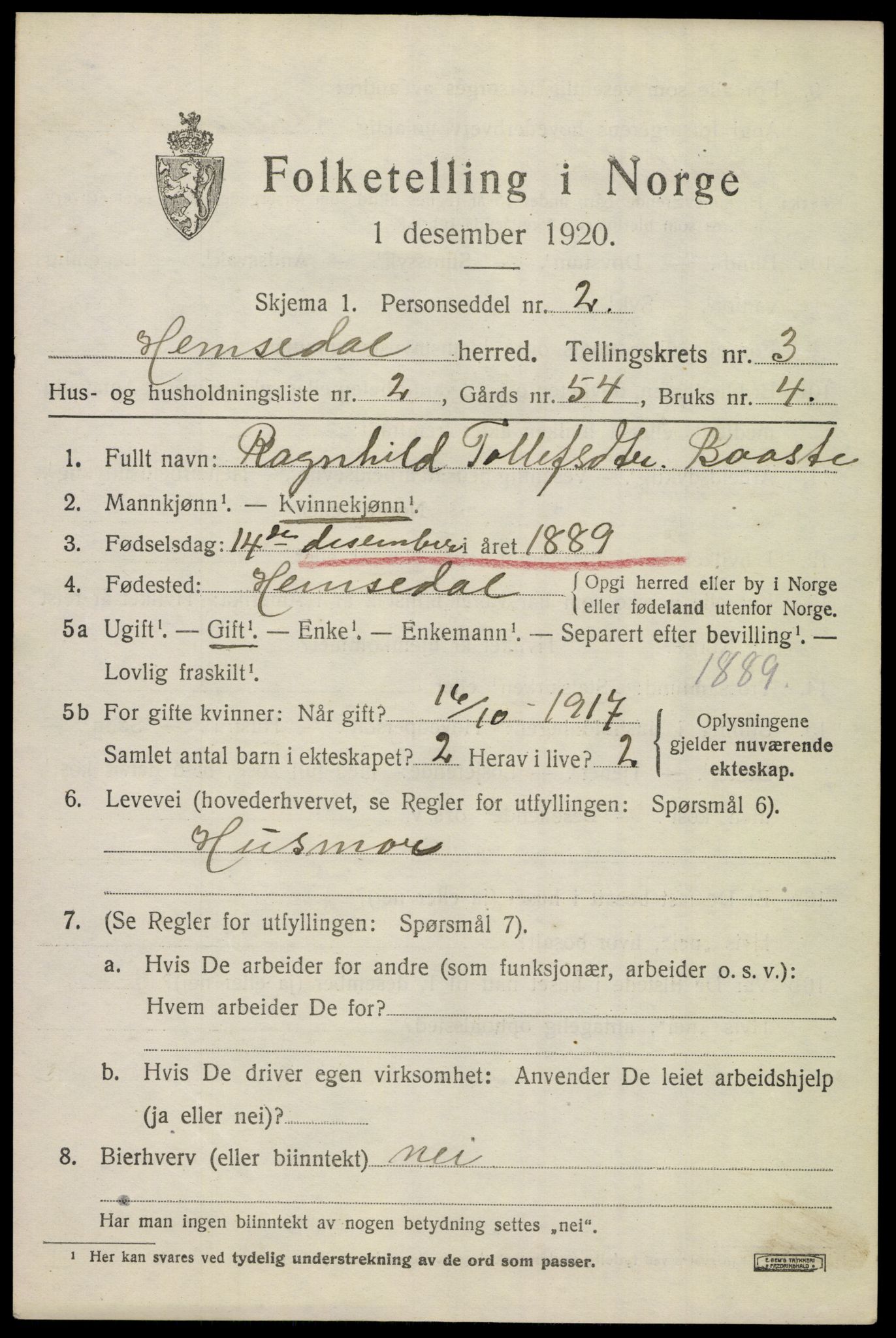 SAKO, 1920 census for Hemsedal, 1920, p. 994