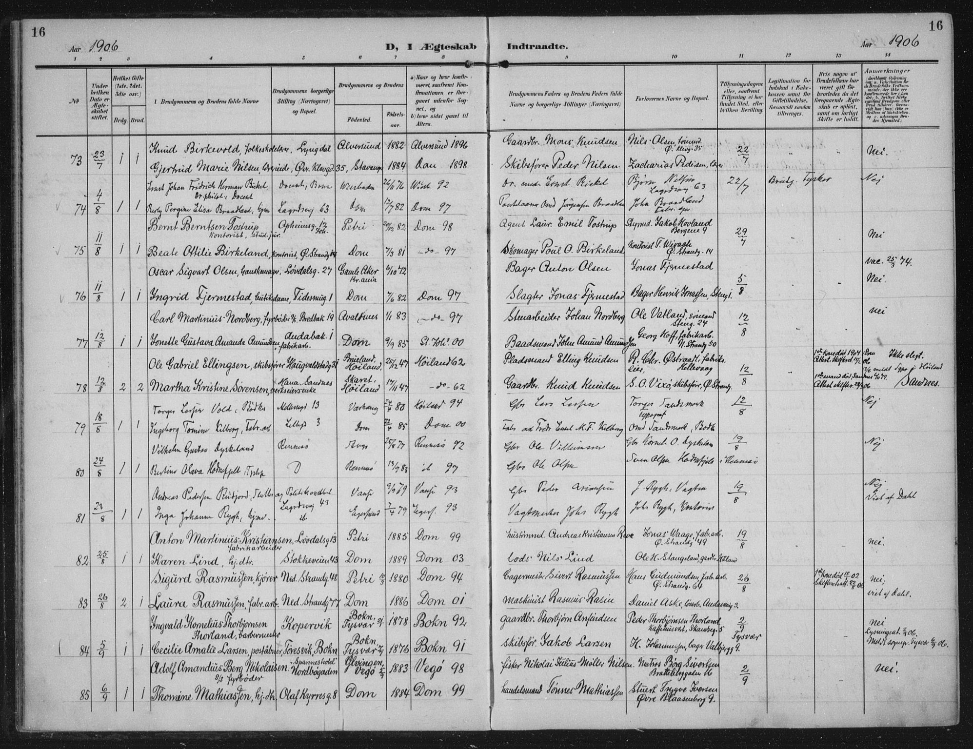 Domkirken sokneprestkontor, AV/SAST-A-101812/002/A/L0016: Parish register (official) no. A 33, 1905-1922, p. 16