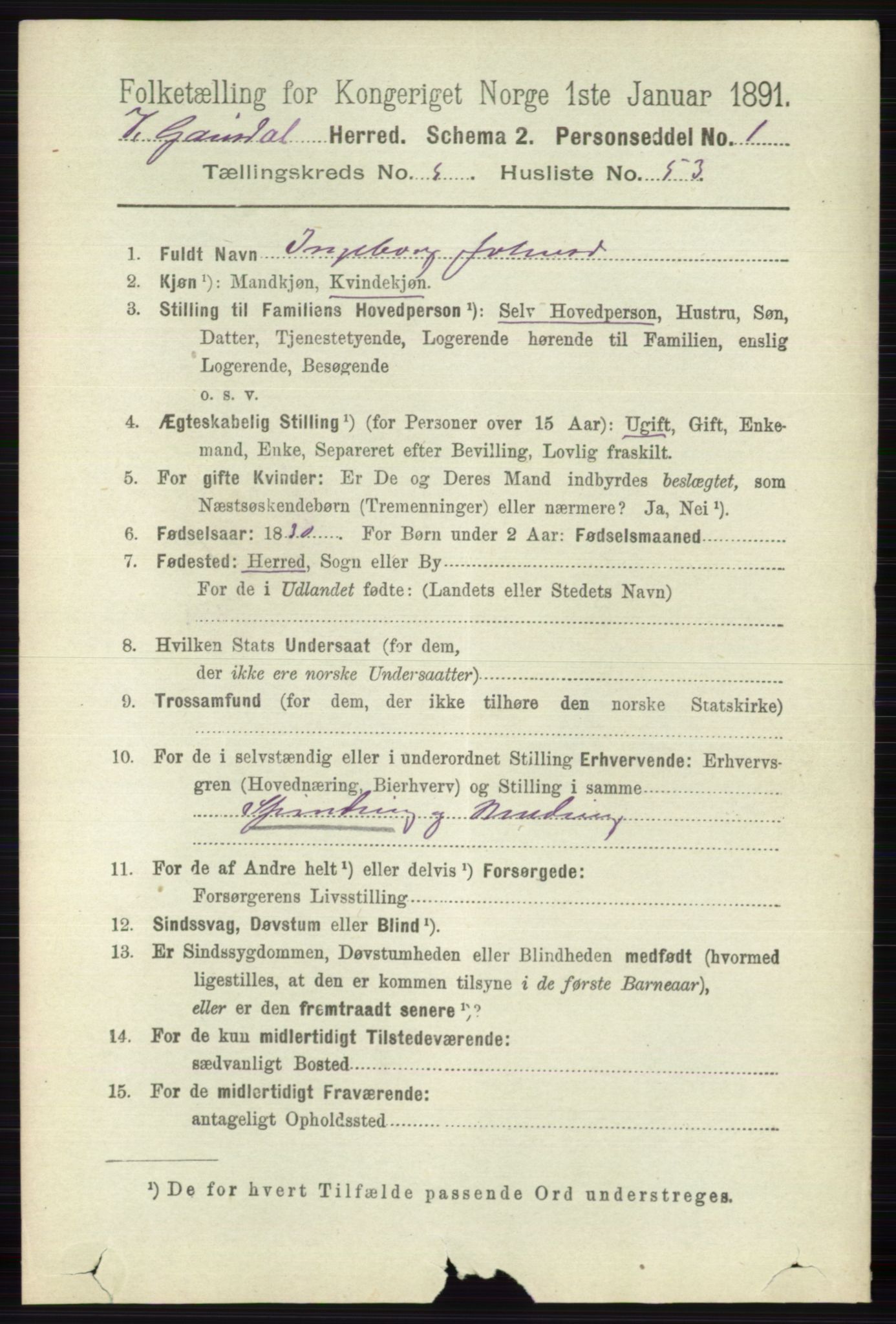 RA, 1891 census for 0523 Vestre Gausdal, 1891, p. 2475