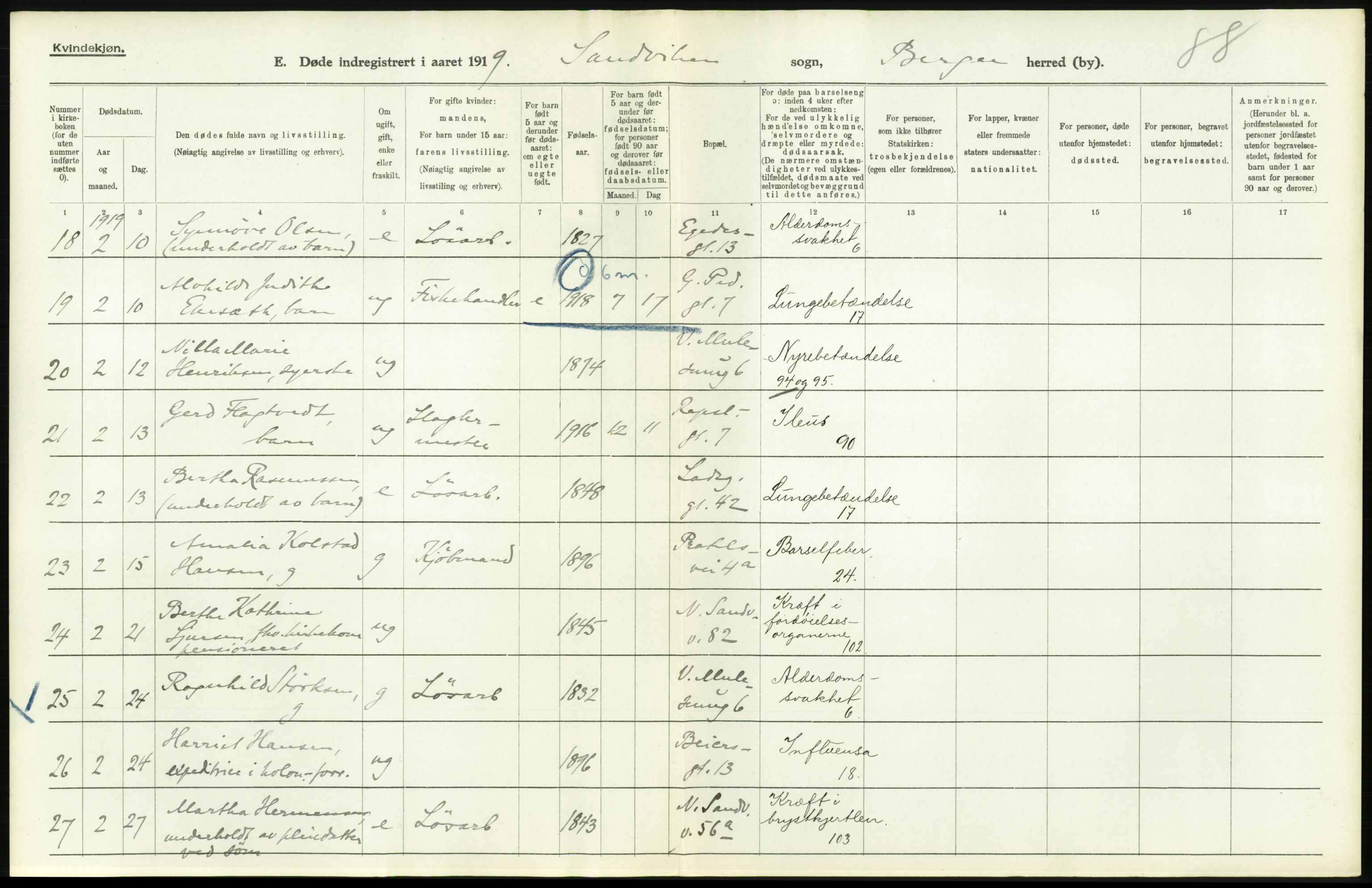 Statistisk sentralbyrå, Sosiodemografiske emner, Befolkning, RA/S-2228/D/Df/Dfb/Dfbi/L0035: Bergen: Gifte, døde, dødfødte., 1919, p. 478