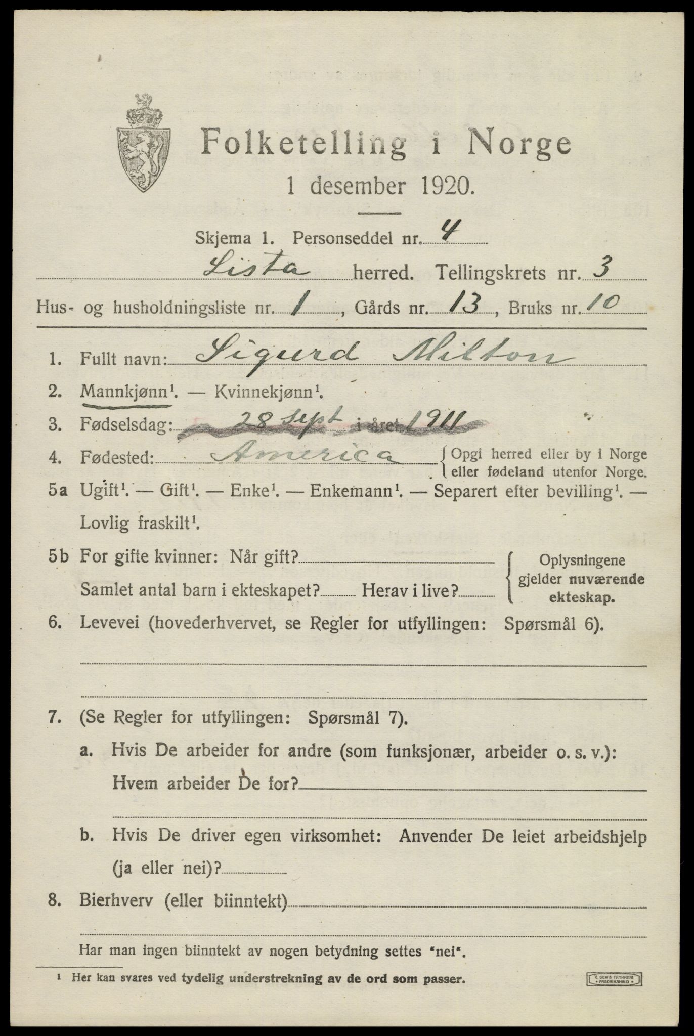 SAK, 1920 census for Lista, 1920, p. 4423