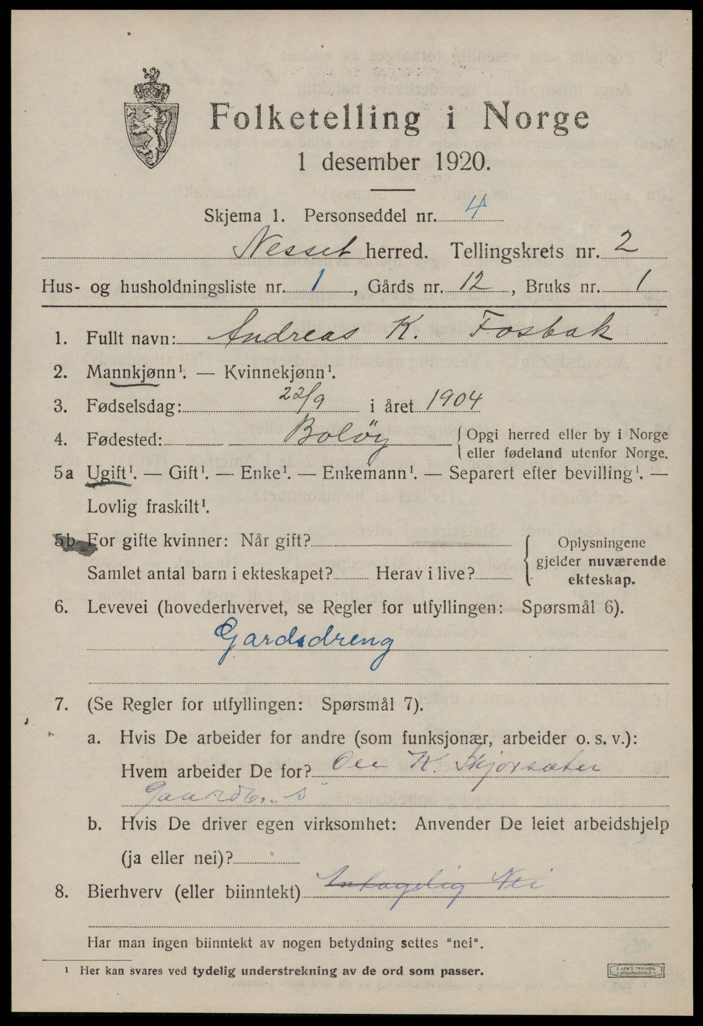 SAT, 1920 census for Nesset, 1920, p. 996