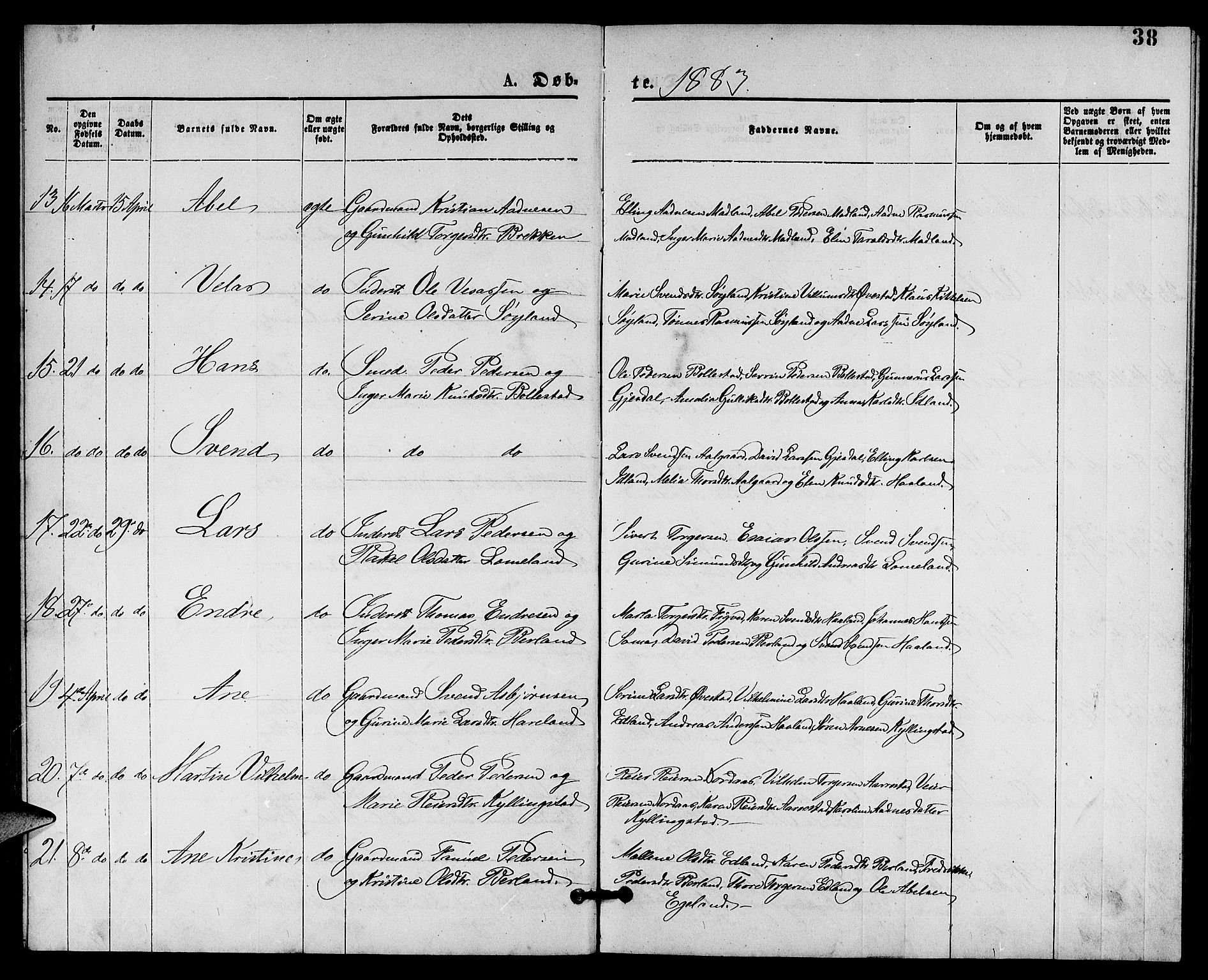 Lye sokneprestkontor, AV/SAST-A-101794/001/30BB/L0005: Parish register (copy) no. B 5, 1875-1886, p. 38