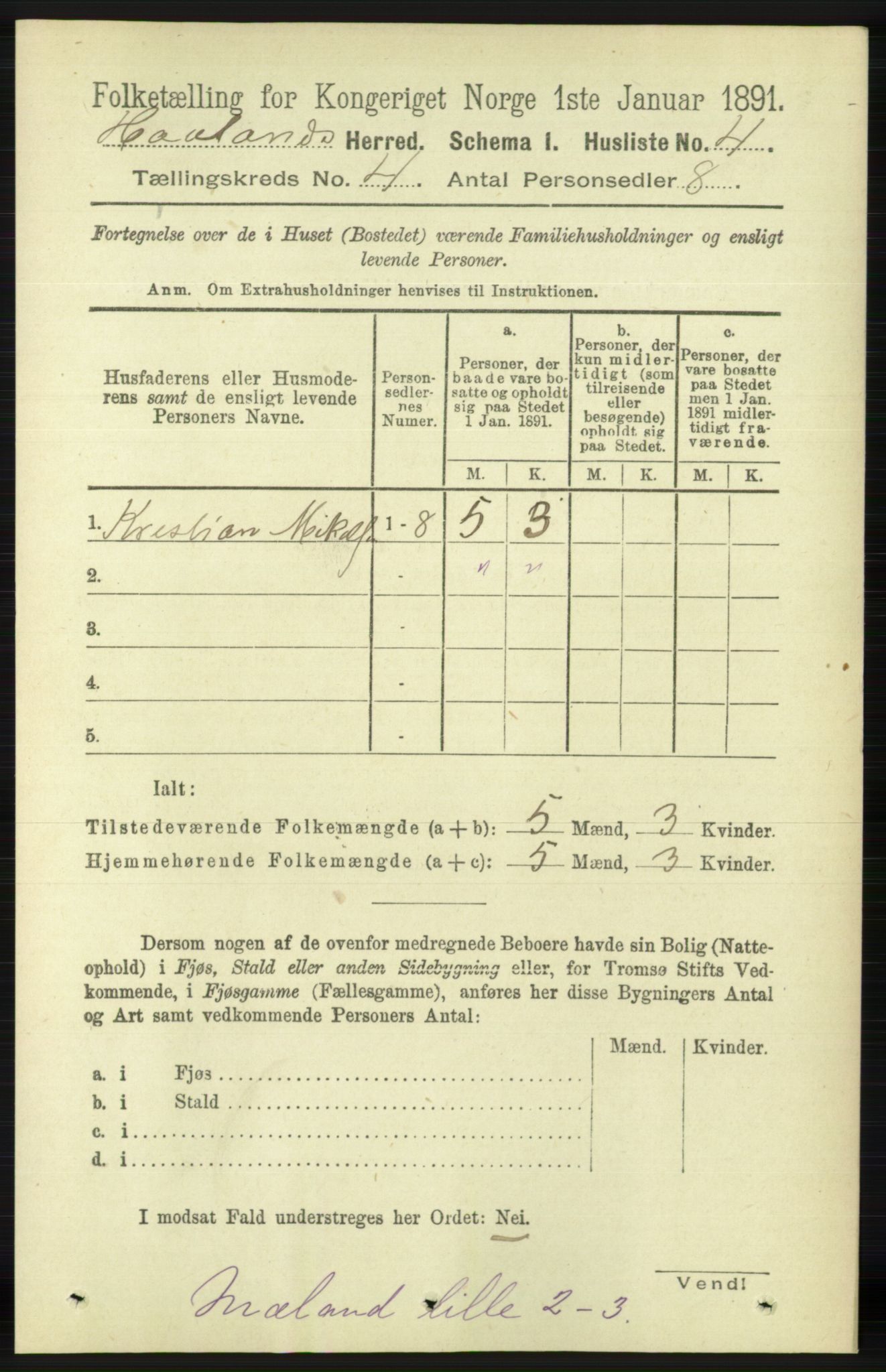 RA, 1891 census for 1124 Haaland, 1891, p. 2287