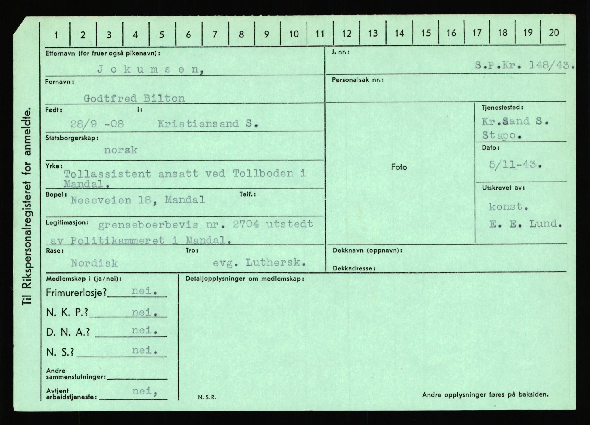 Statspolitiet - Hovedkontoret / Osloavdelingen, AV/RA-S-1329/C/Ca/L0008: Johan(nes)sen - Knoph, 1943-1945, p. 2365