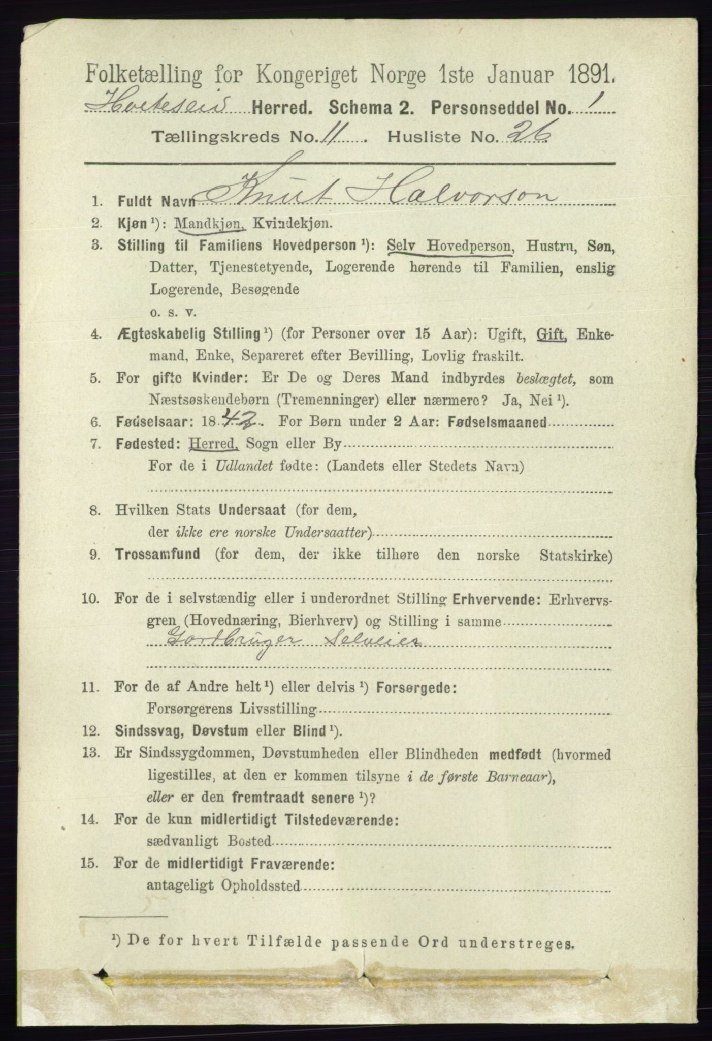 RA, 1891 census for 0829 Kviteseid, 1891, p. 2692