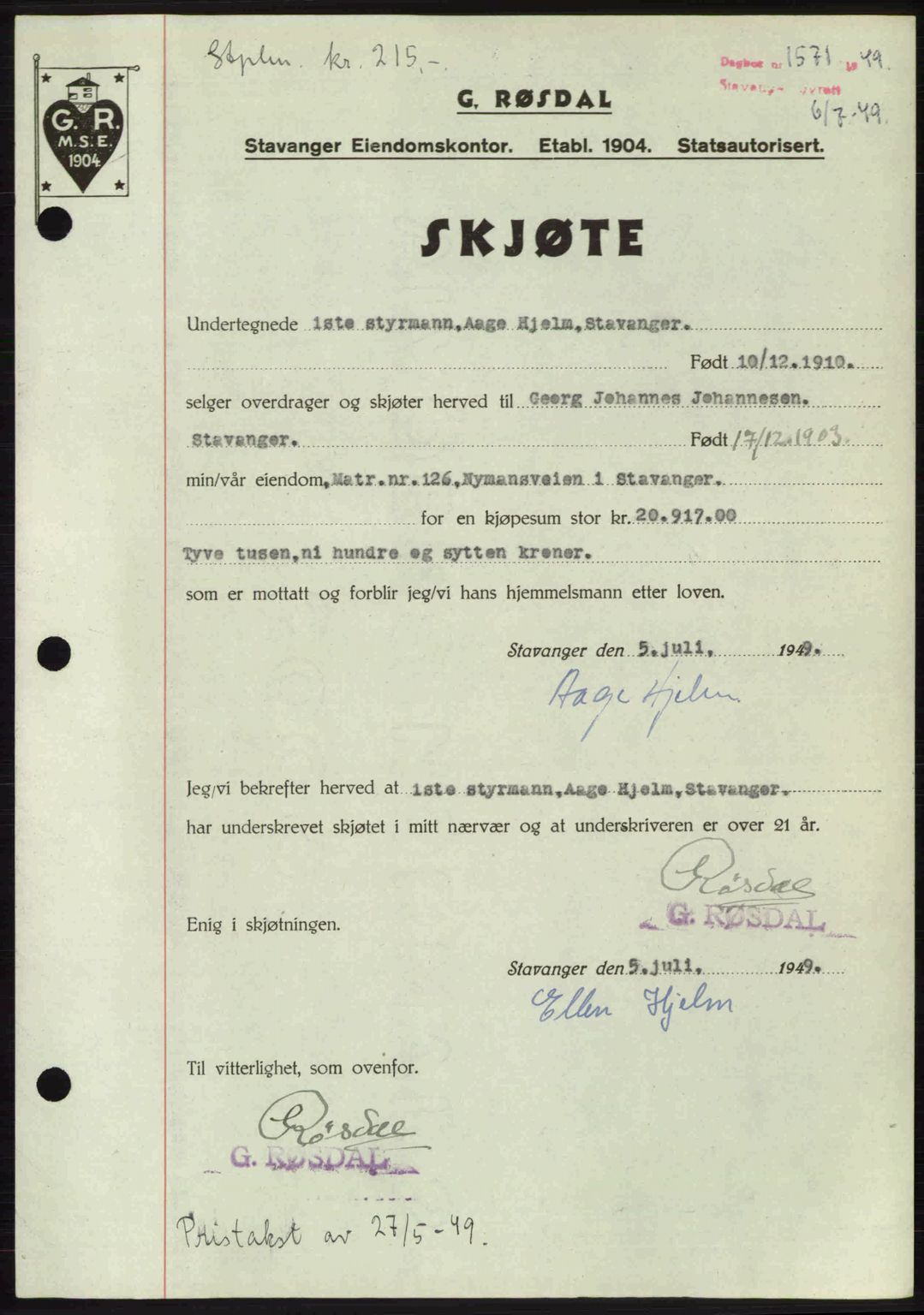 Stavanger byrett, SAST/A-100455/002/G/Gb/L0023: Mortgage book no. A12, 1948-1949, Diary no: : 1571/1949