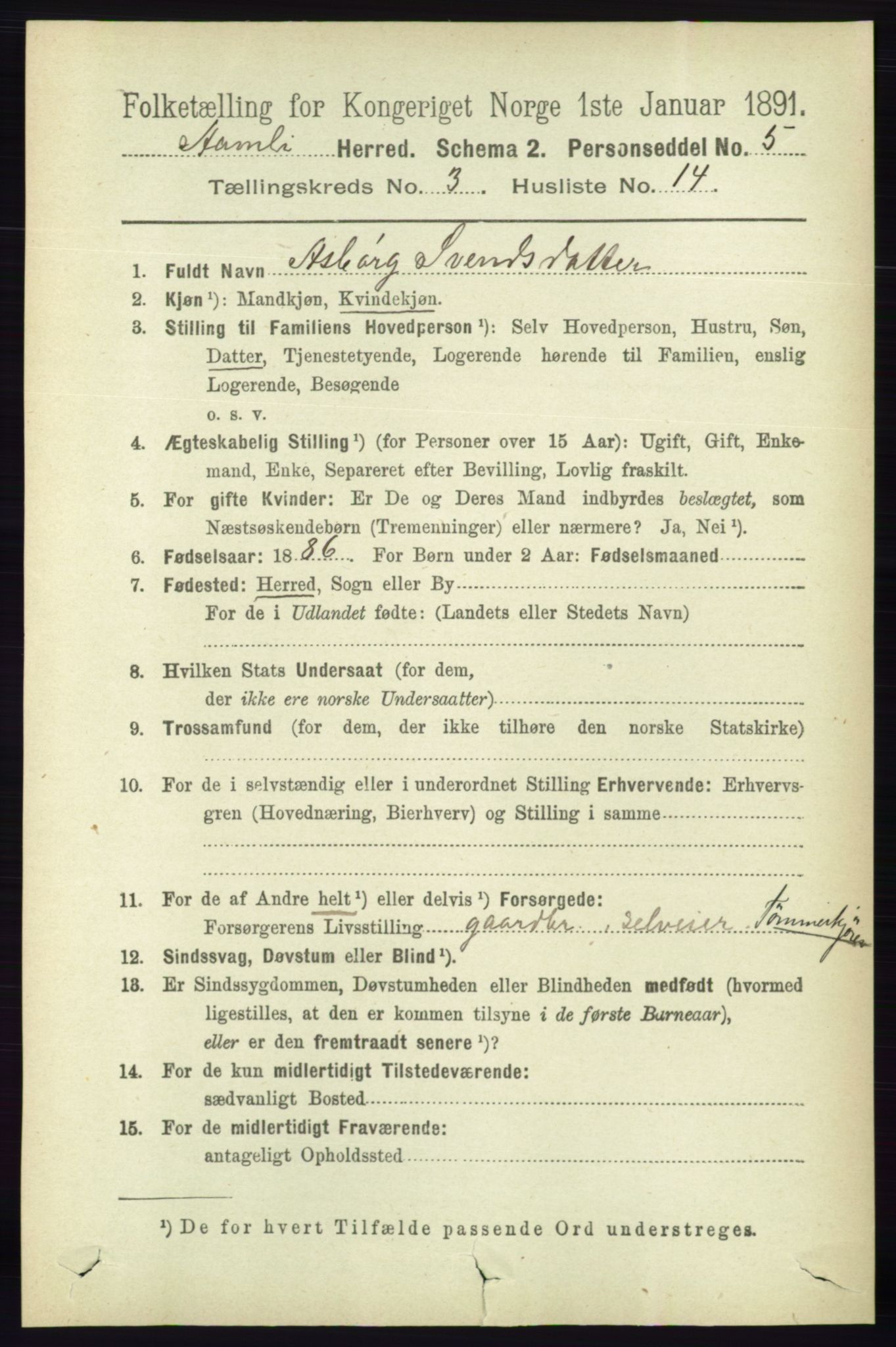 RA, 1891 census for 0929 Åmli, 1891, p. 403