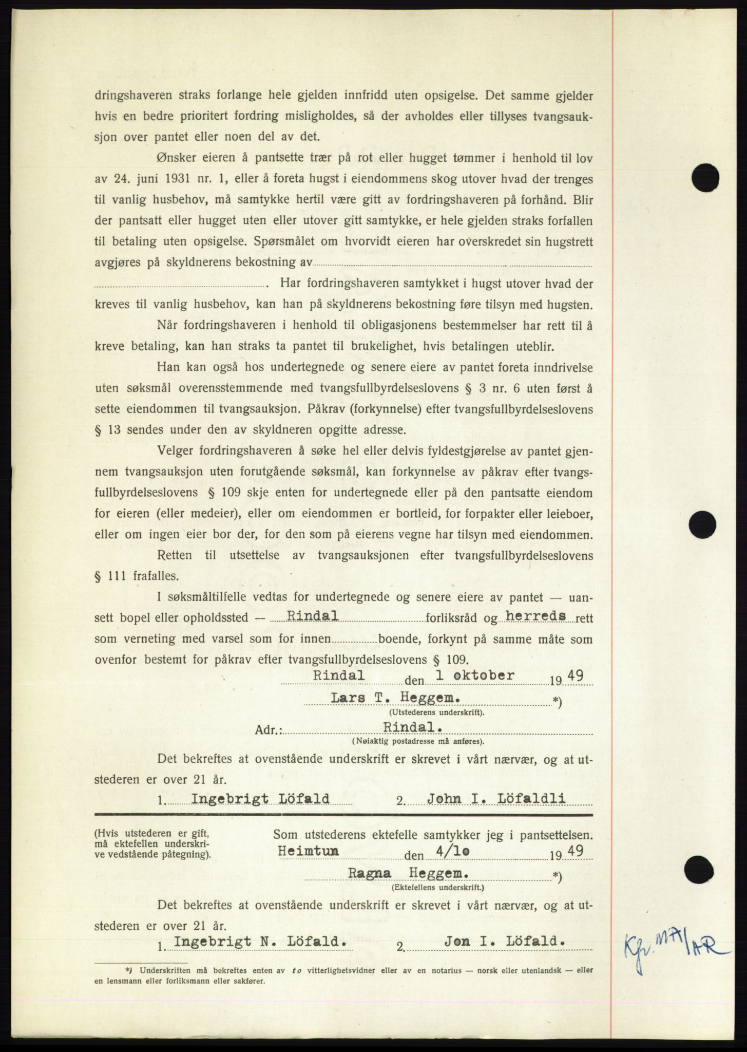 Nordmøre sorenskriveri, AV/SAT-A-4132/1/2/2Ca: Mortgage book no. B102, 1949-1949, Diary no: : 2808/1949