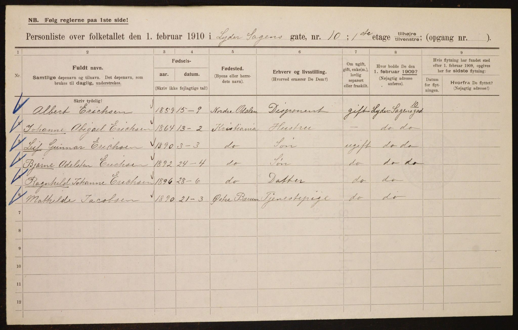 OBA, Municipal Census 1910 for Kristiania, 1910, p. 56458