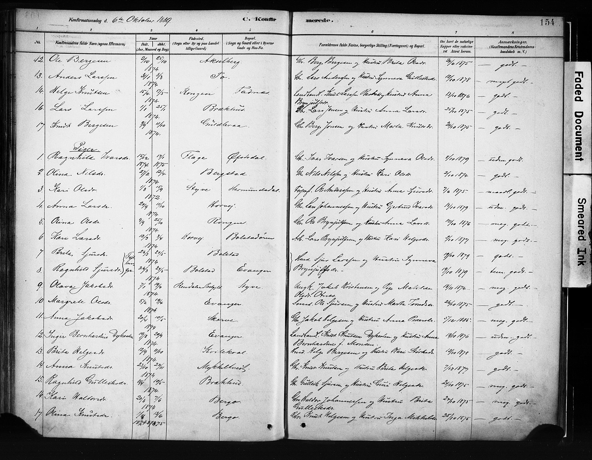 Evanger sokneprestembete, SAB/A-99924: Parish register (official) no. A 1, 1877-1899, p. 154