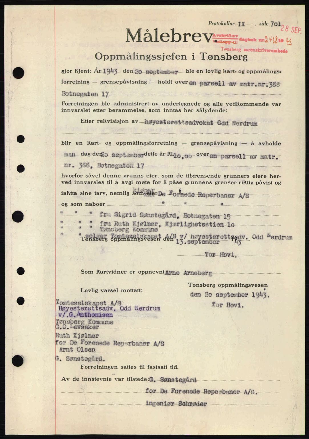 Tønsberg sorenskriveri, AV/SAKO-A-130/G/Ga/Gaa/L0014: Mortgage book no. A14, 1943-1944, Diary no: : 2438/1943