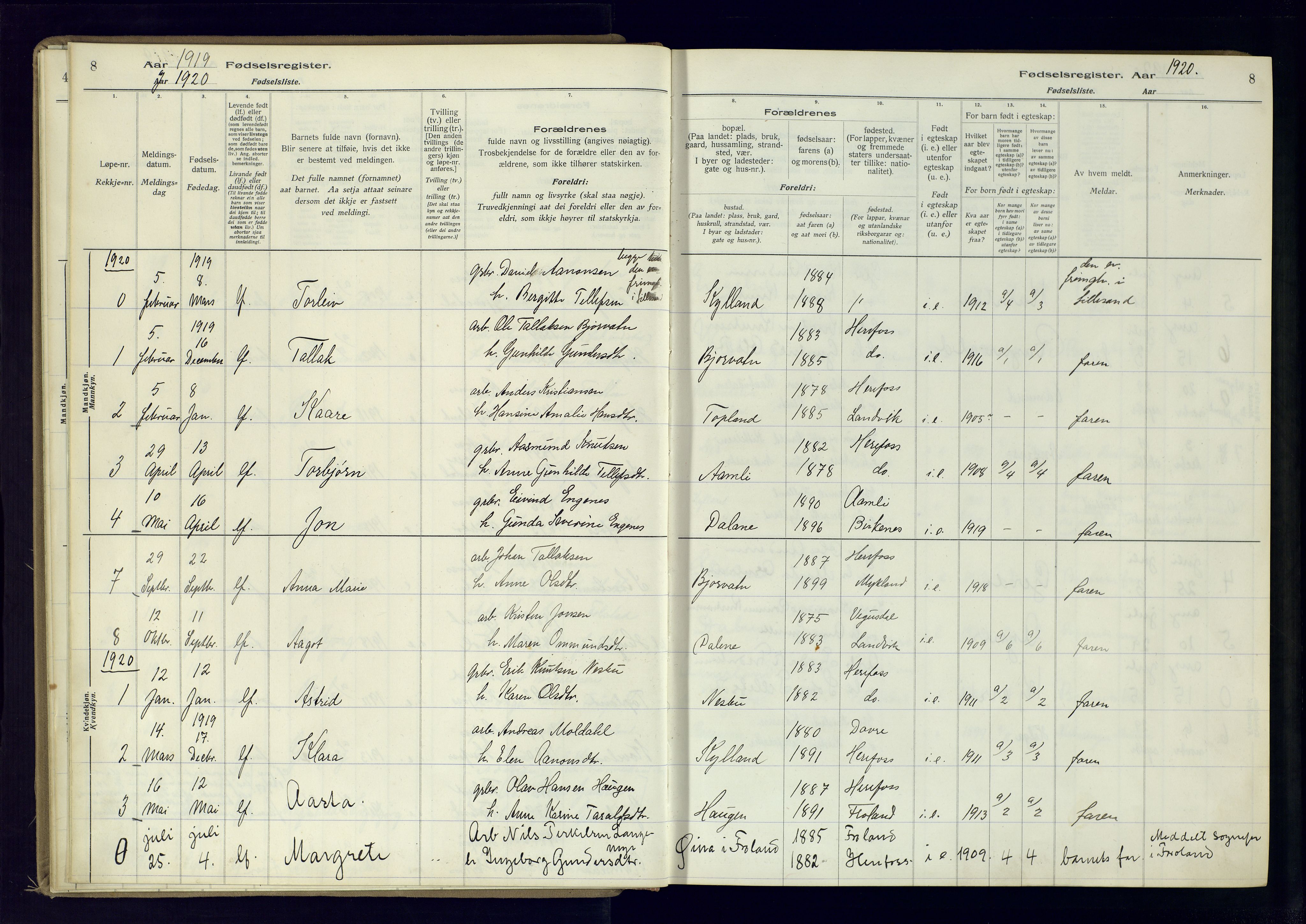 Herefoss sokneprestkontor, AV/SAK-1111-0019/J/Ja/L0001: Birth register no. II.6.10, 1916-1982, p. 8