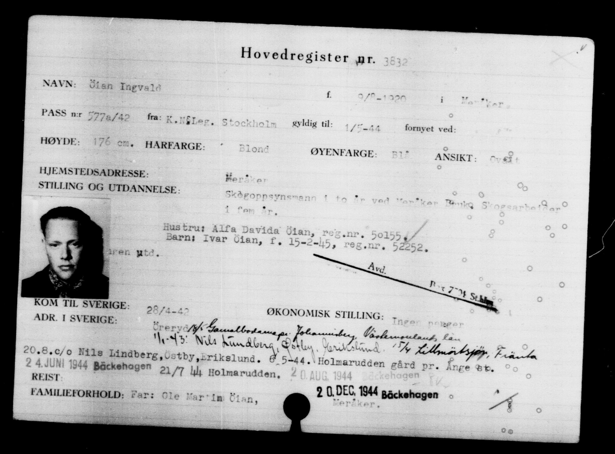 Utenriksstasjonene, Legasjonen i Stockholm, Flyktningkontoret, AV/RA-S-6753/V/Va/L0004: Kjesäterkartoteket, flyktninger med registreringsnr. 3496-6610, 1940-1945, p. 390