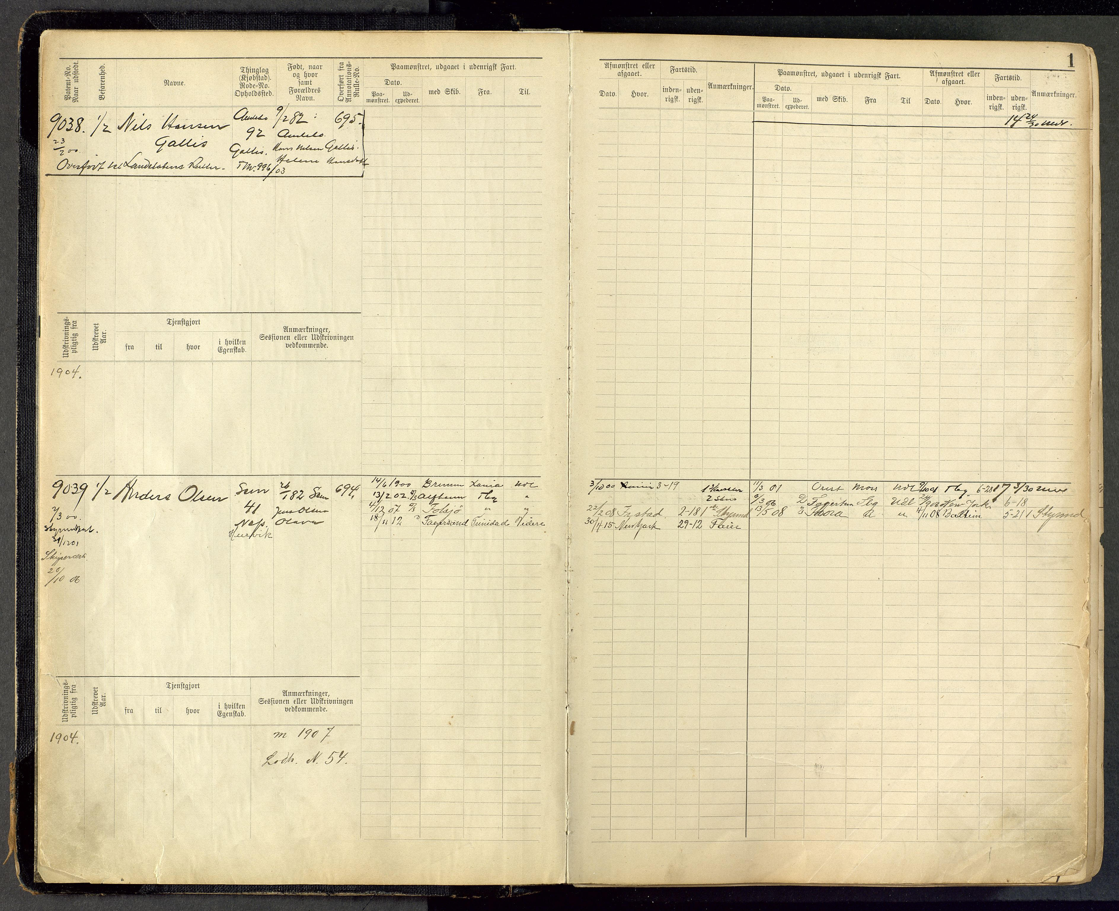 Tønsberg innrulleringskontor, AV/SAKO-A-786/F/Fc/Fca/L0011: Hovedrulle Patent nr. 9038-9992, 1900-1912, p. 1