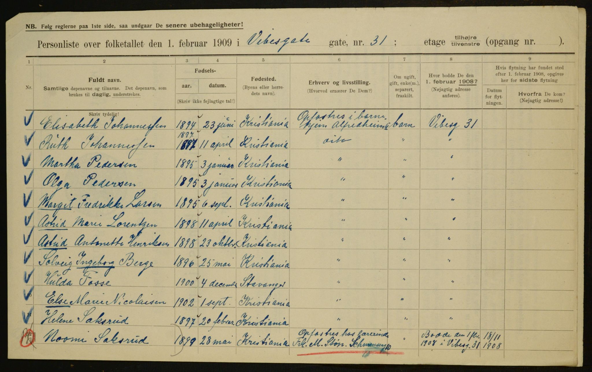 OBA, Municipal Census 1909 for Kristiania, 1909, p. 112003