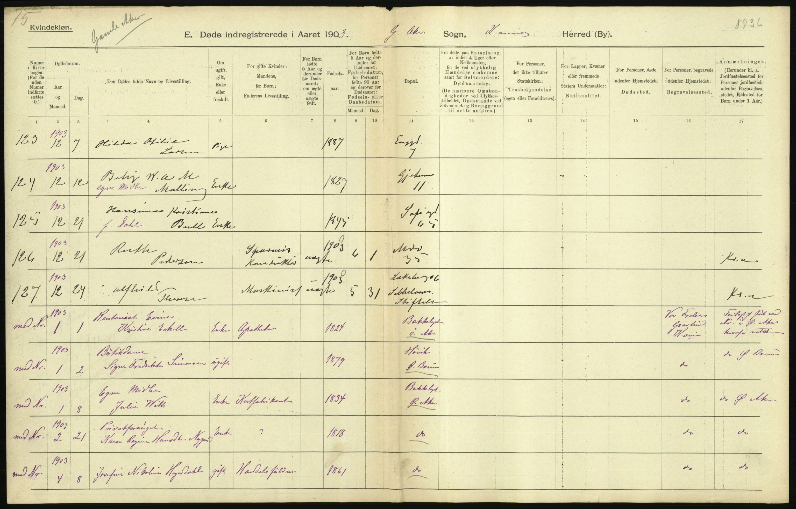 Statistisk sentralbyrå, Sosiodemografiske emner, Befolkning, AV/RA-S-2228/D/Df/Dfa/Dfaa/L0004: Kristiania: Gifte, døde, 1903, p. 37