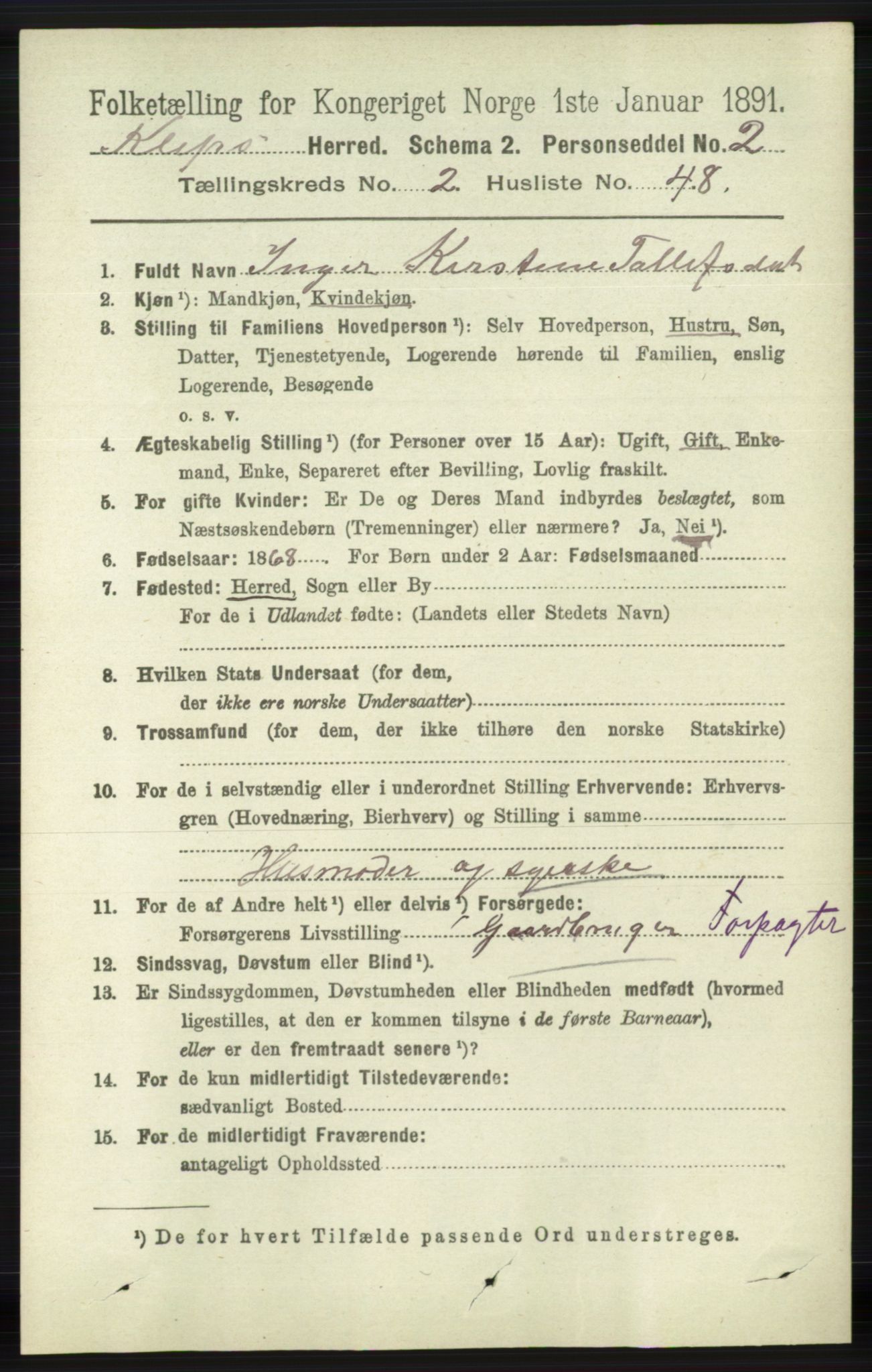 RA, 1891 census for 1120 Klepp, 1891, p. 586