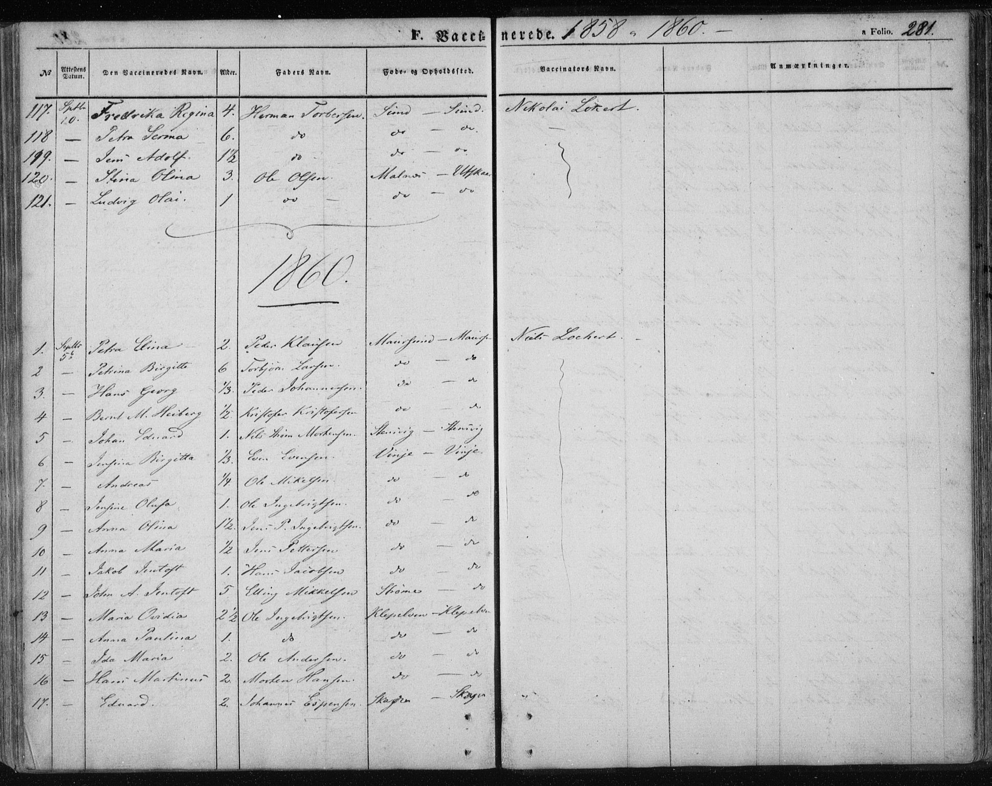 Ministerialprotokoller, klokkerbøker og fødselsregistre - Nordland, SAT/A-1459/891/L1300: Parish register (official) no. 891A05, 1856-1870, p. 281