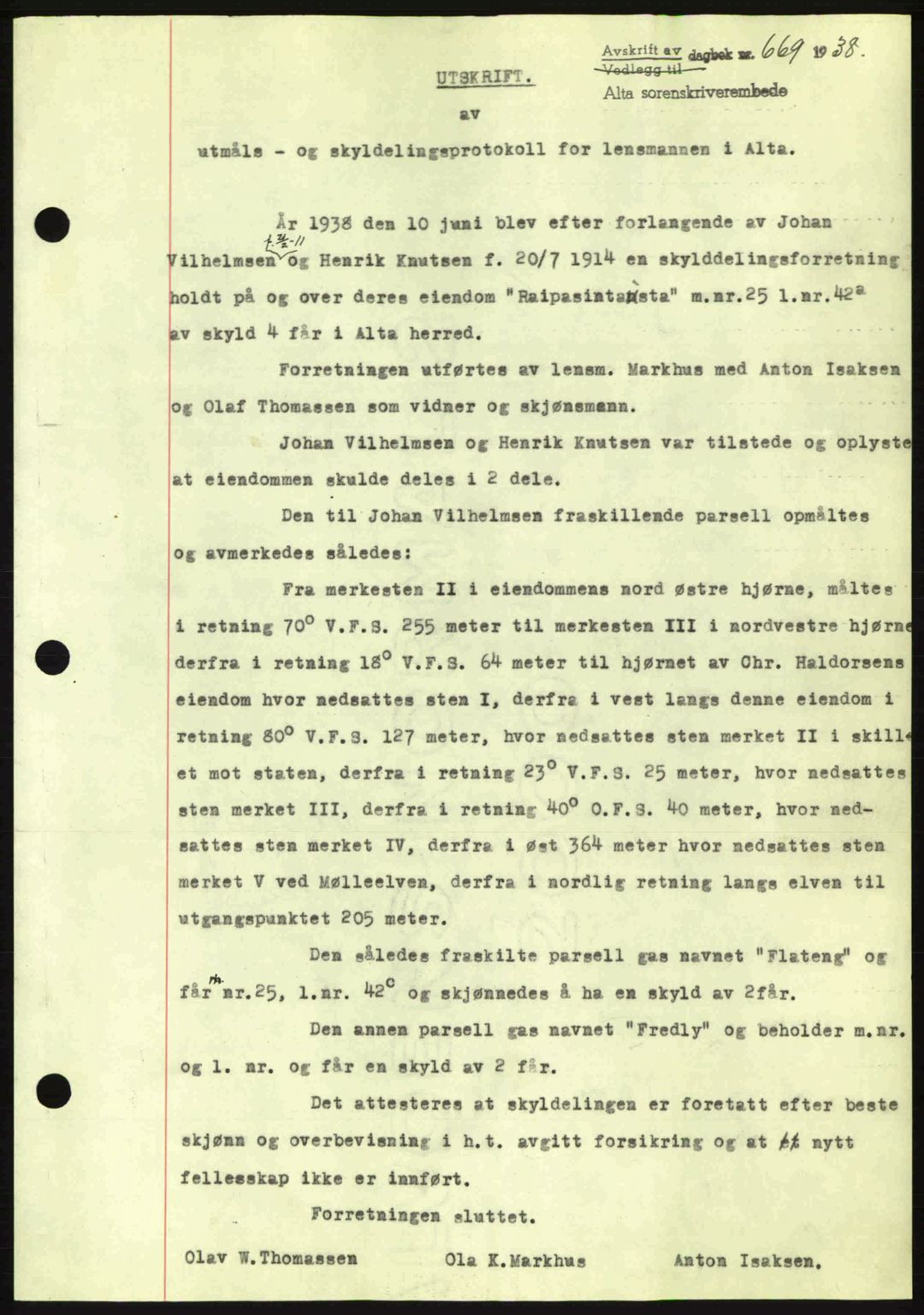 Alta fogderi/sorenskriveri, SATØ/SATØ-5/1/K/Kd/L0031pantebok: Mortgage book no. 31, 1938-1939, Diary no: : 669/1938