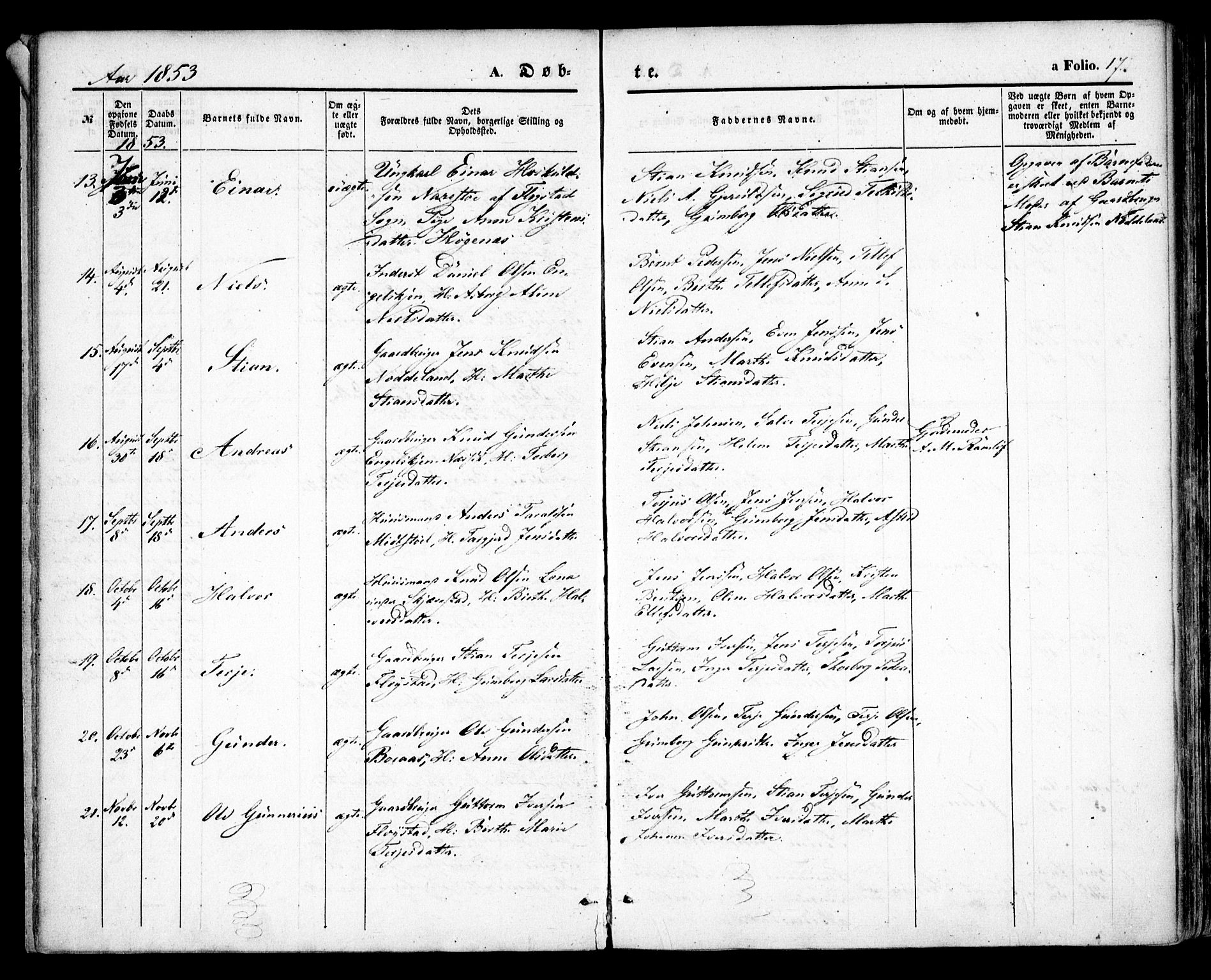 Austre Moland sokneprestkontor, SAK/1111-0001/F/Fa/Faa/L0007: Parish register (official) no. A 7, 1847-1857, p. 17
