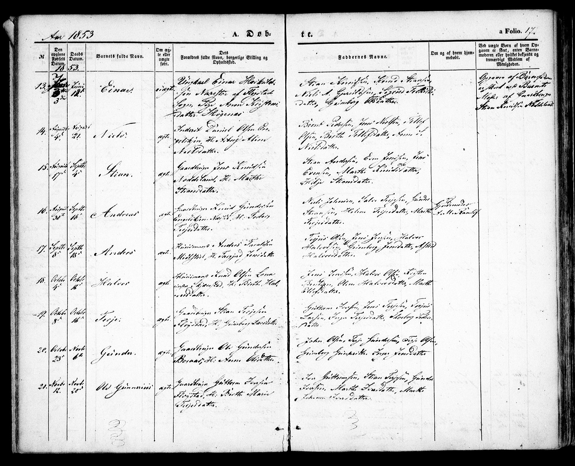 Austre Moland sokneprestkontor, AV/SAK-1111-0001/F/Fa/Faa/L0007: Parish register (official) no. A 7, 1847-1857, p. 17