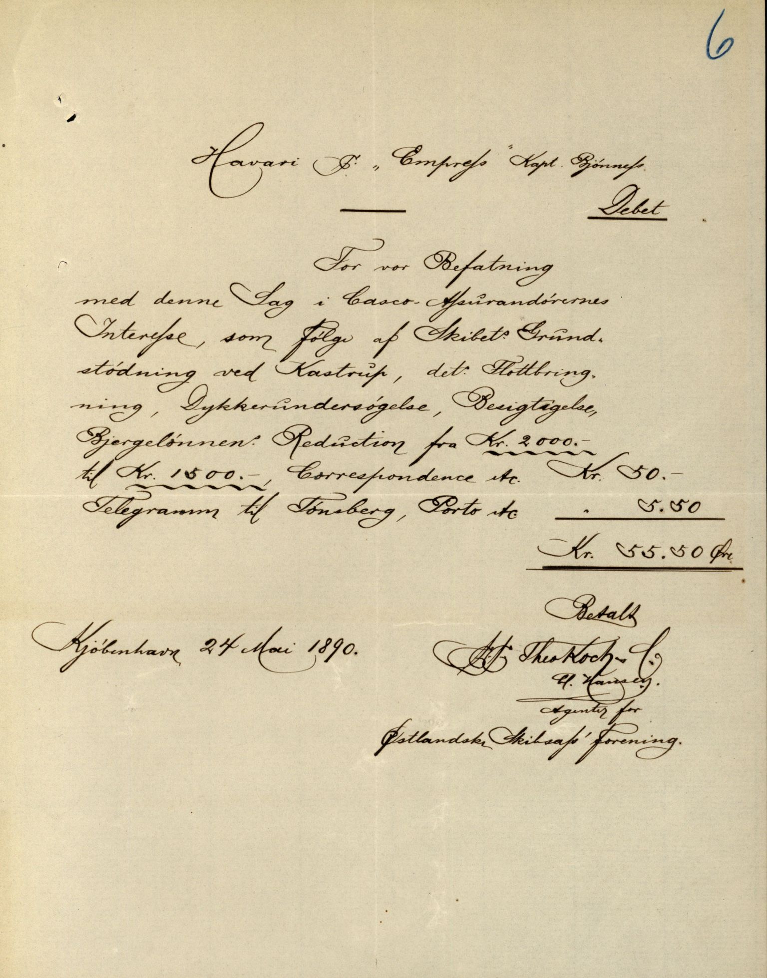 Pa 63 - Østlandske skibsassuranceforening, VEMU/A-1079/G/Ga/L0026/0001: Havaridokumenter / Ego, Dux, Eidsvold, Empress, 1890, p. 52