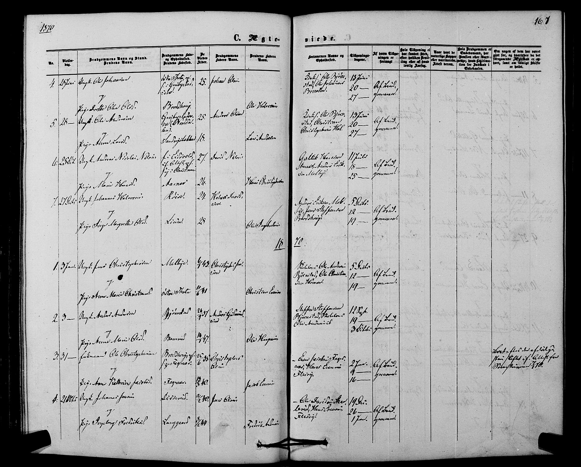 Hurdal prestekontor Kirkebøker, SAO/A-10889/F/Fb/L0002: Parish register (official) no. II 2, 1860-1877, p. 167