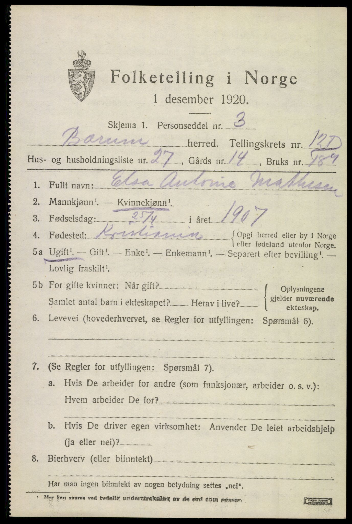 SAO, 1920 census for Bærum, 1920, p. 30706